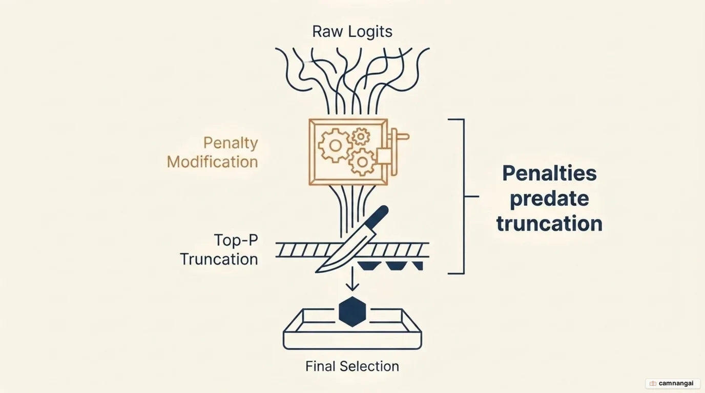 Order in the sampling pipeline: raw logits, then penalties, then Top-P truncation, then the token is chosen