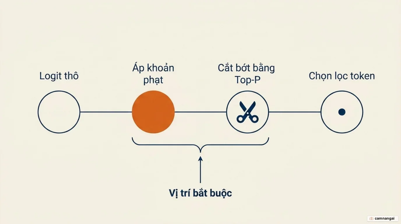 Thứ tự trong đường ống lấy mẫu: logit thô, áp khoản phạt, cắt bớt bằng Top-P, rồi mới chọn token