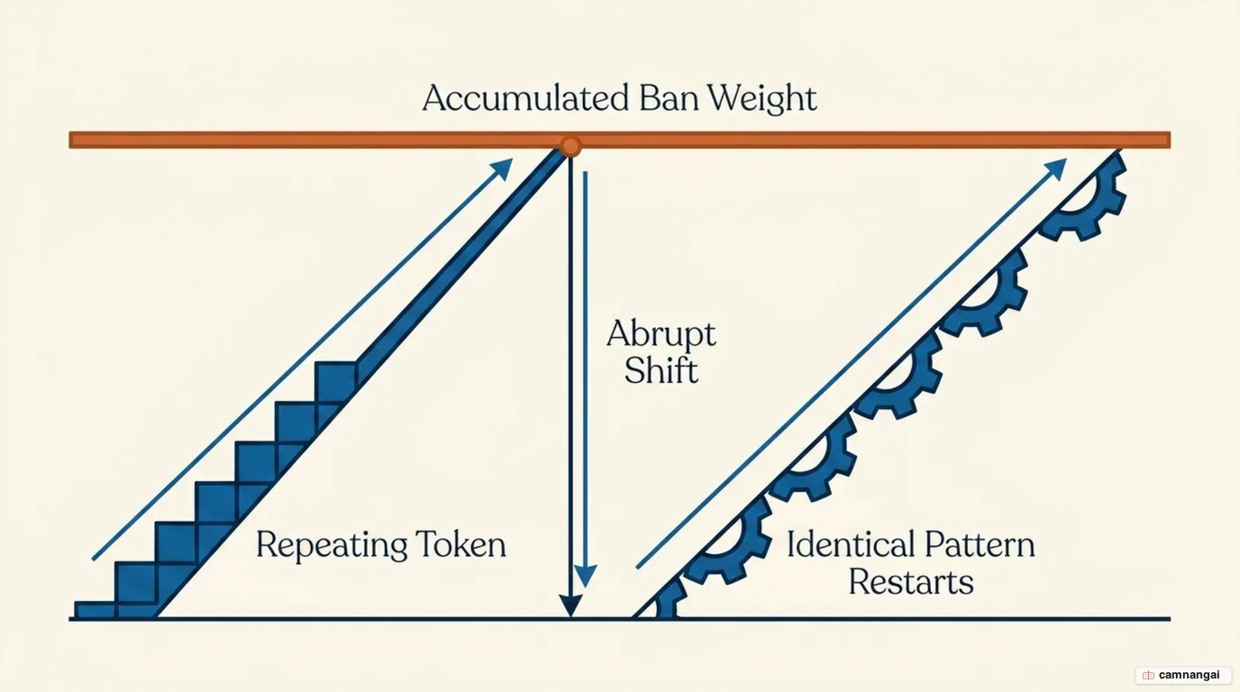 A degenerate cycle where a token repeats until its penalty bans it, then the model jumps to another and repeats