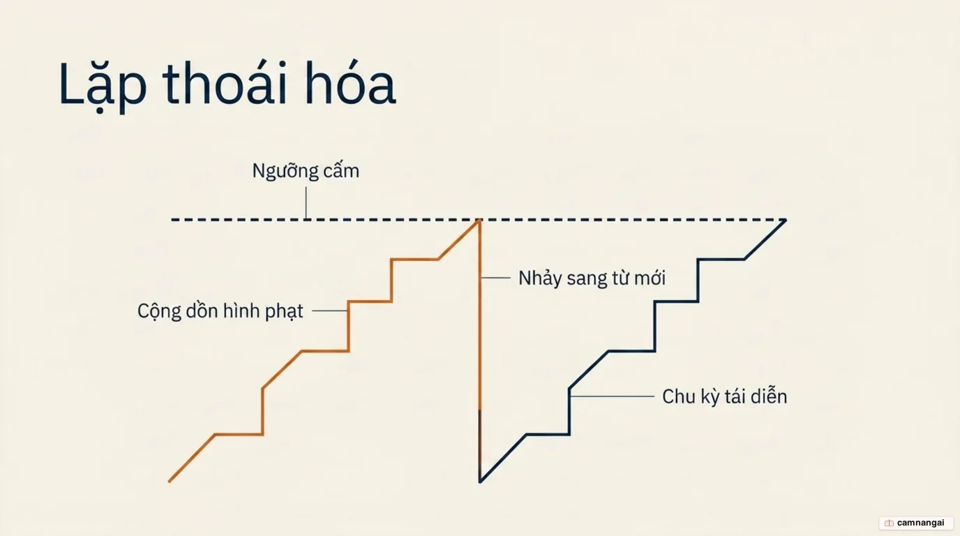 Chu kỳ lặp thoái hoá: một token lặp mãi cho đến khi bị phạt đủ nặng, mô hình nhảy sang token khác rồi lặp lại y hệt