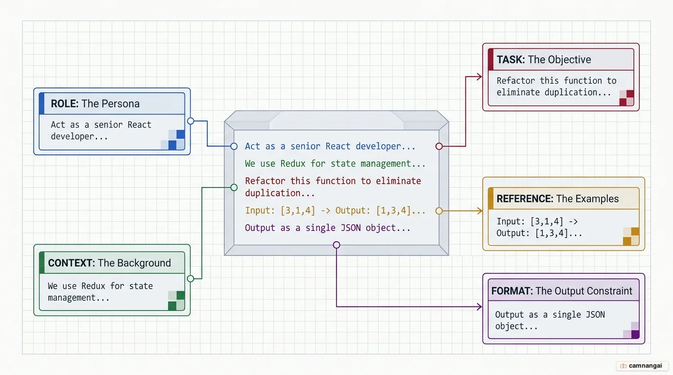 Diagram of the core components of an effective prompt: persona/role, context, references, and the concrete task with its output format