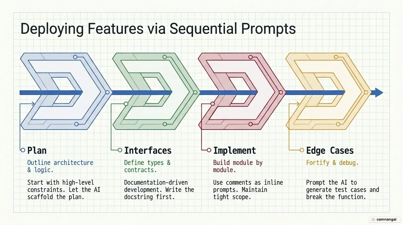 Step-by-step workflow for building a new feature: plan, write interfaces and types, implement module by module, and handle edge cases