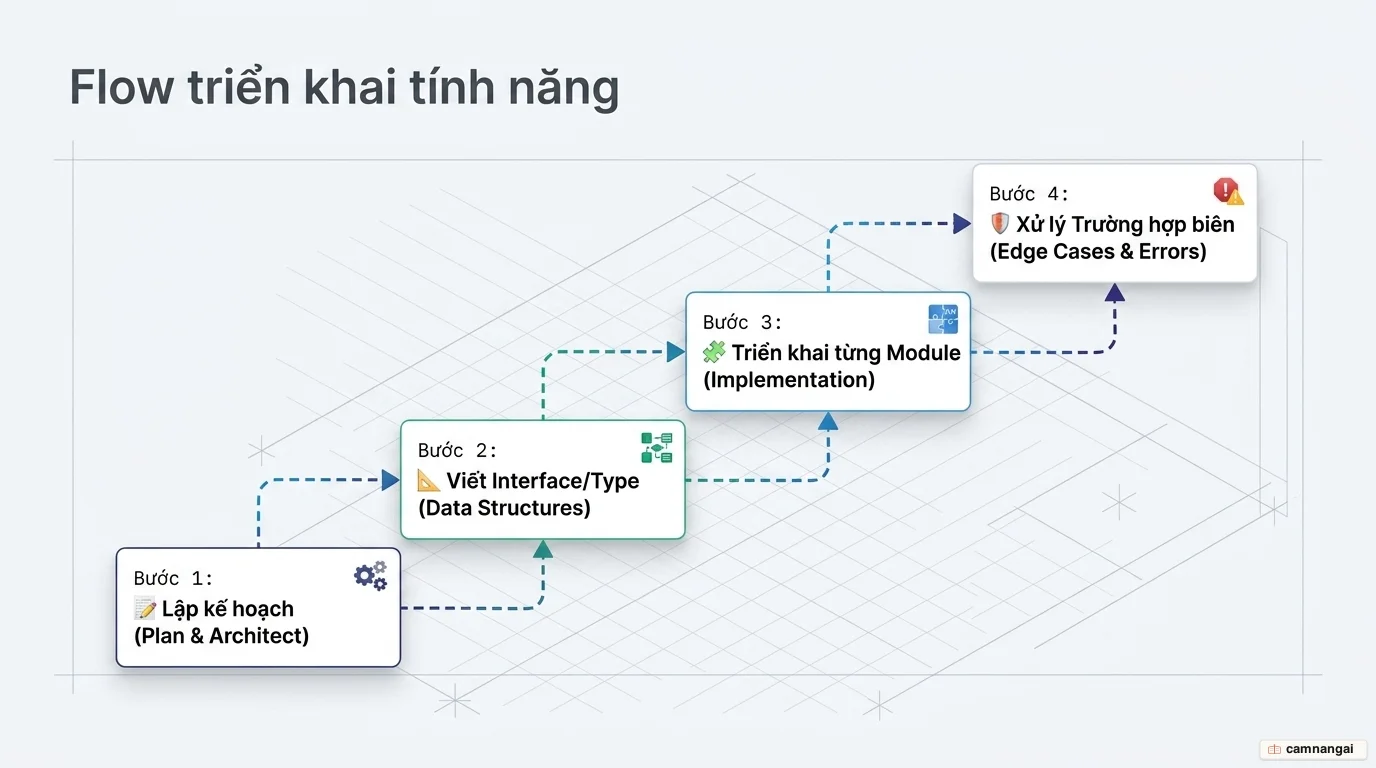 Quy trình xây dựng tính năng mới theo từng bước: lập kế hoạch, viết interface, triển khai từng module và xử lý các trường hợp biên