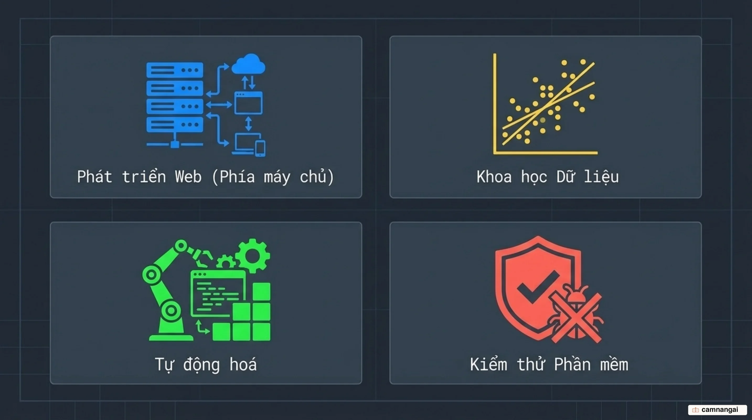 Các mảng ứng dụng chính của Python: web phía máy chủ, khoa học dữ liệu, tự động hoá và kiểm thử phần mềm