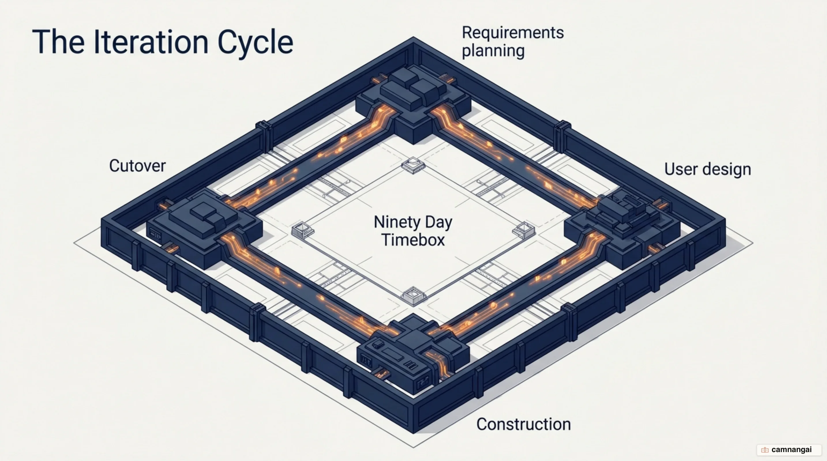 The four phases of a RAD iteration — requirements planning, user design, construction and cutover — inside a 90-day timebox