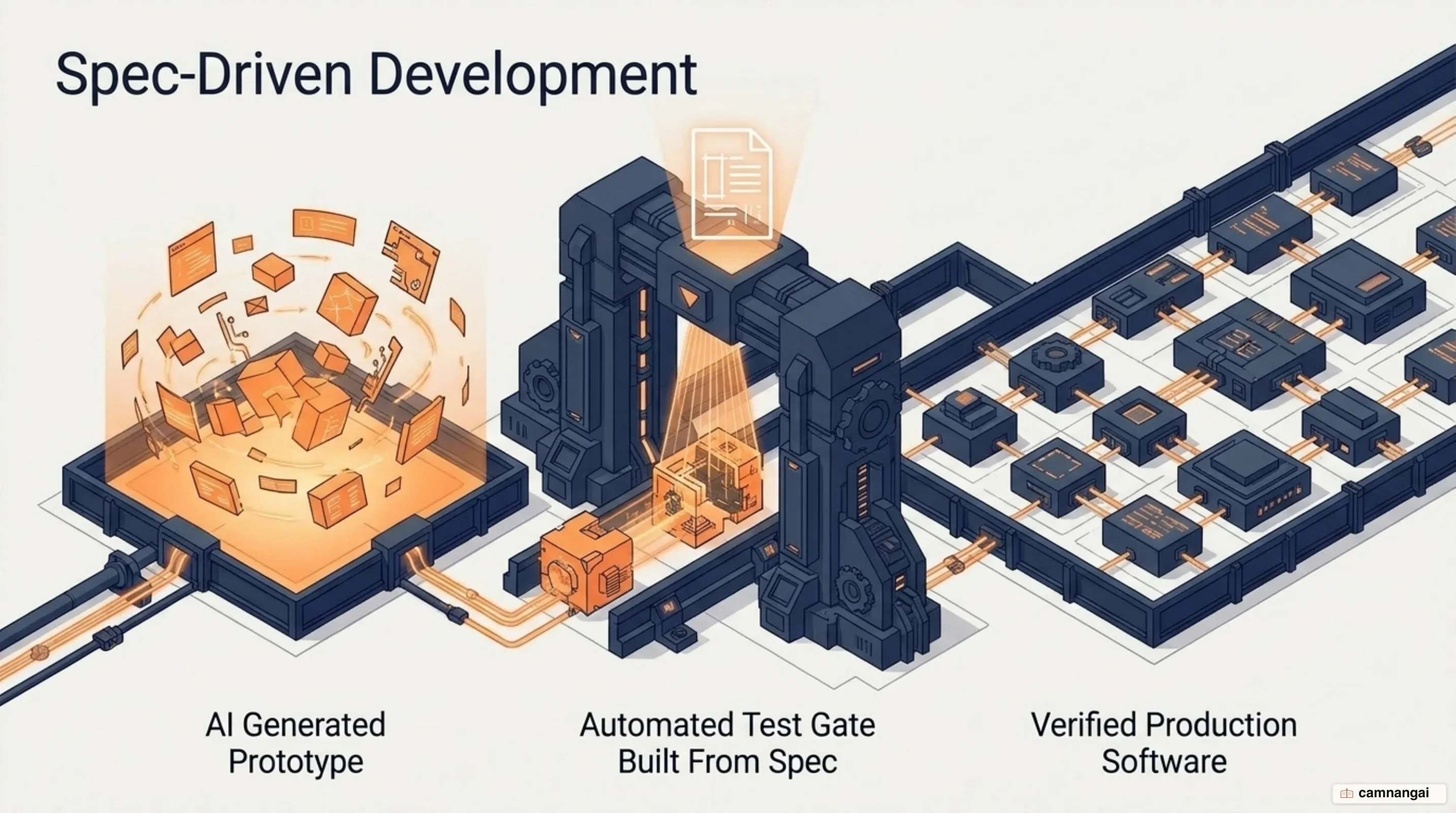 The gate between an AI prototype and production software, with the spec acting as an automated test suite