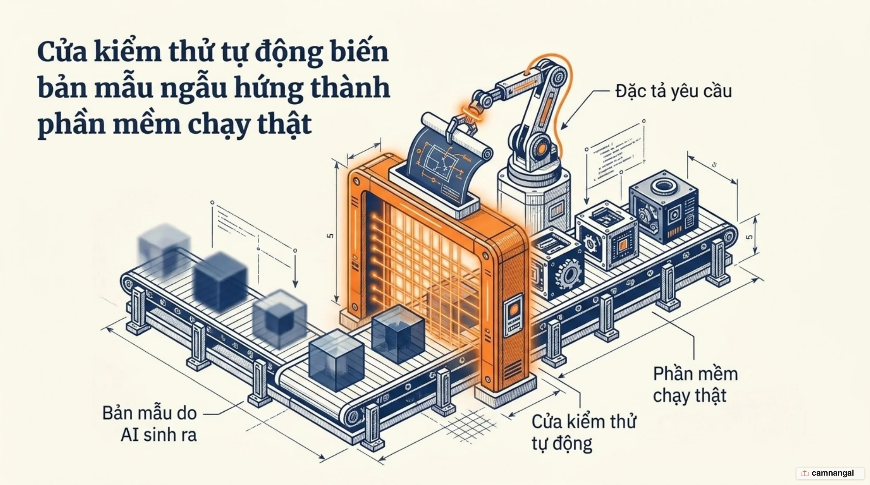 Ranh giới giữa bản mẫu do AI sinh ra và phần mềm chạy thật, với đặc tả đóng vai trò cửa kiểm thử tự động