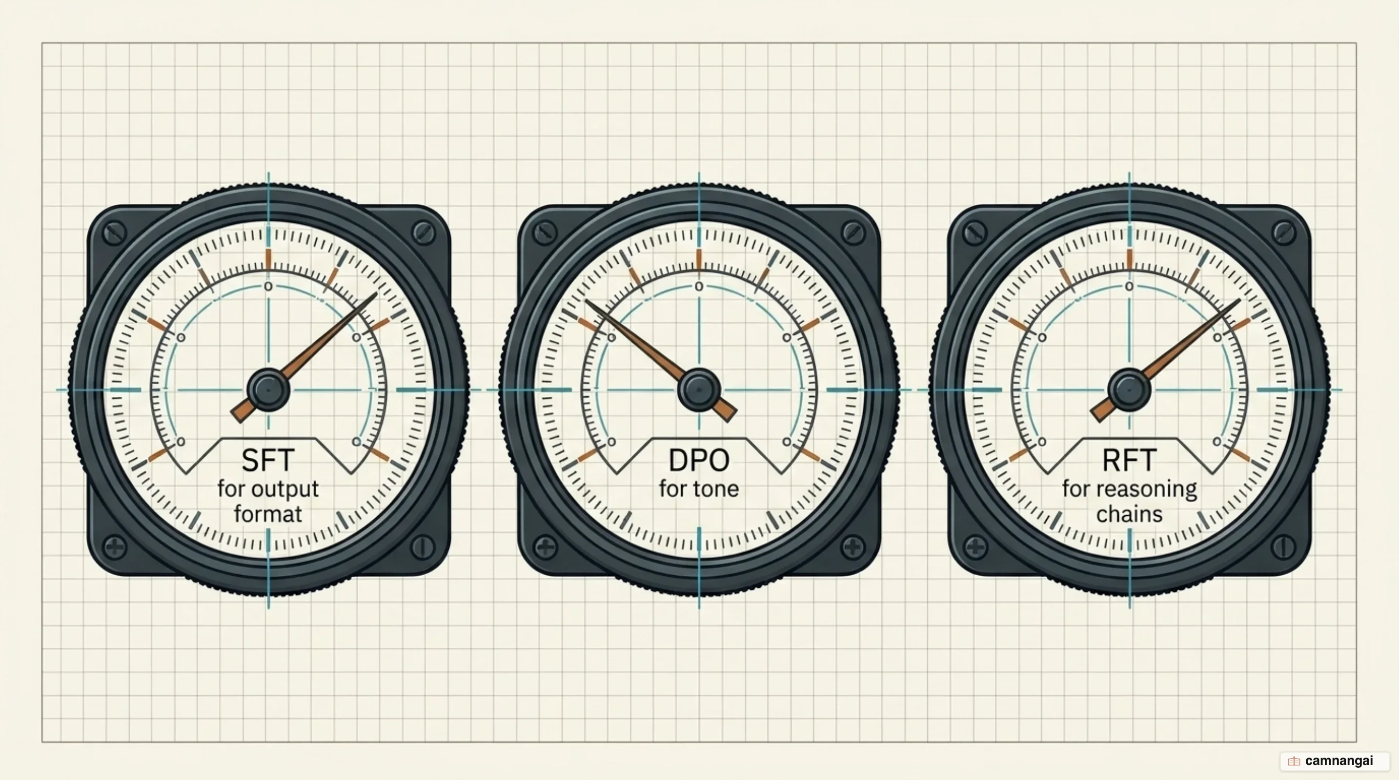 Three fine-tuning methods and what each optimizes: SFT for output format, DPO for tone, RFT for reasoning chains