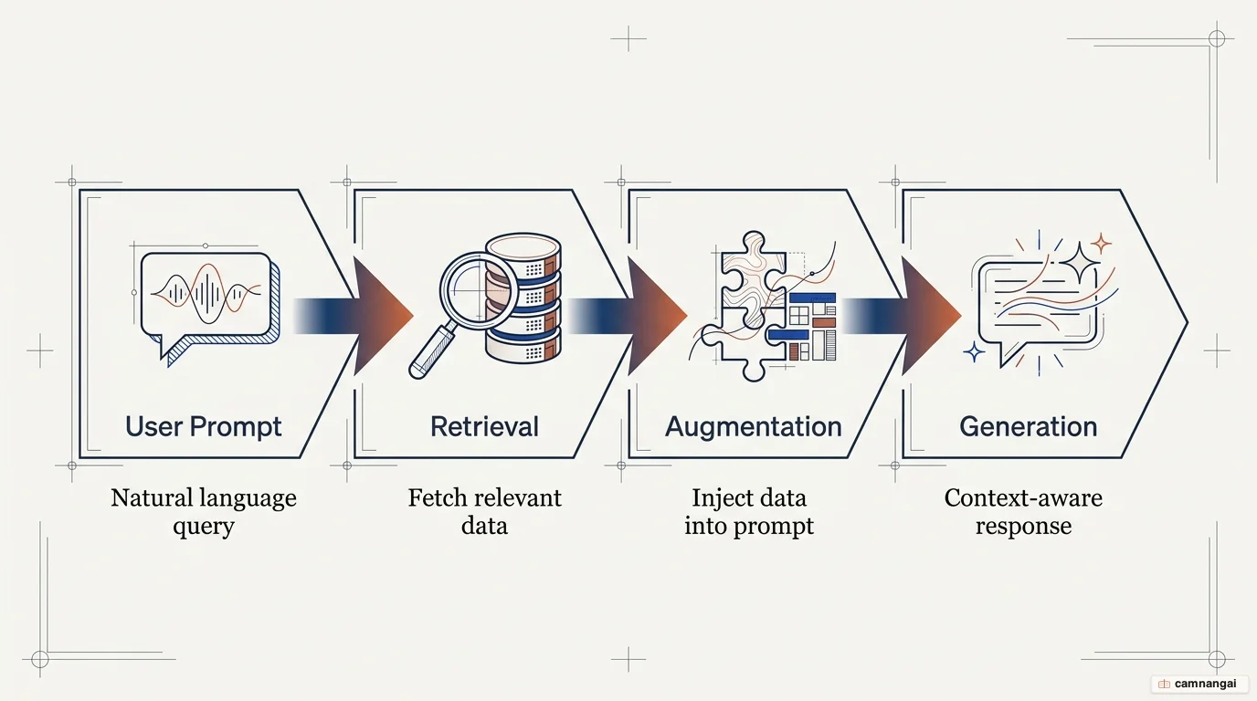 The four-step RAG flow: User Prompt to Retrieval of relevant data to Augmentation injecting data into the prompt to Generation of a context-aware response