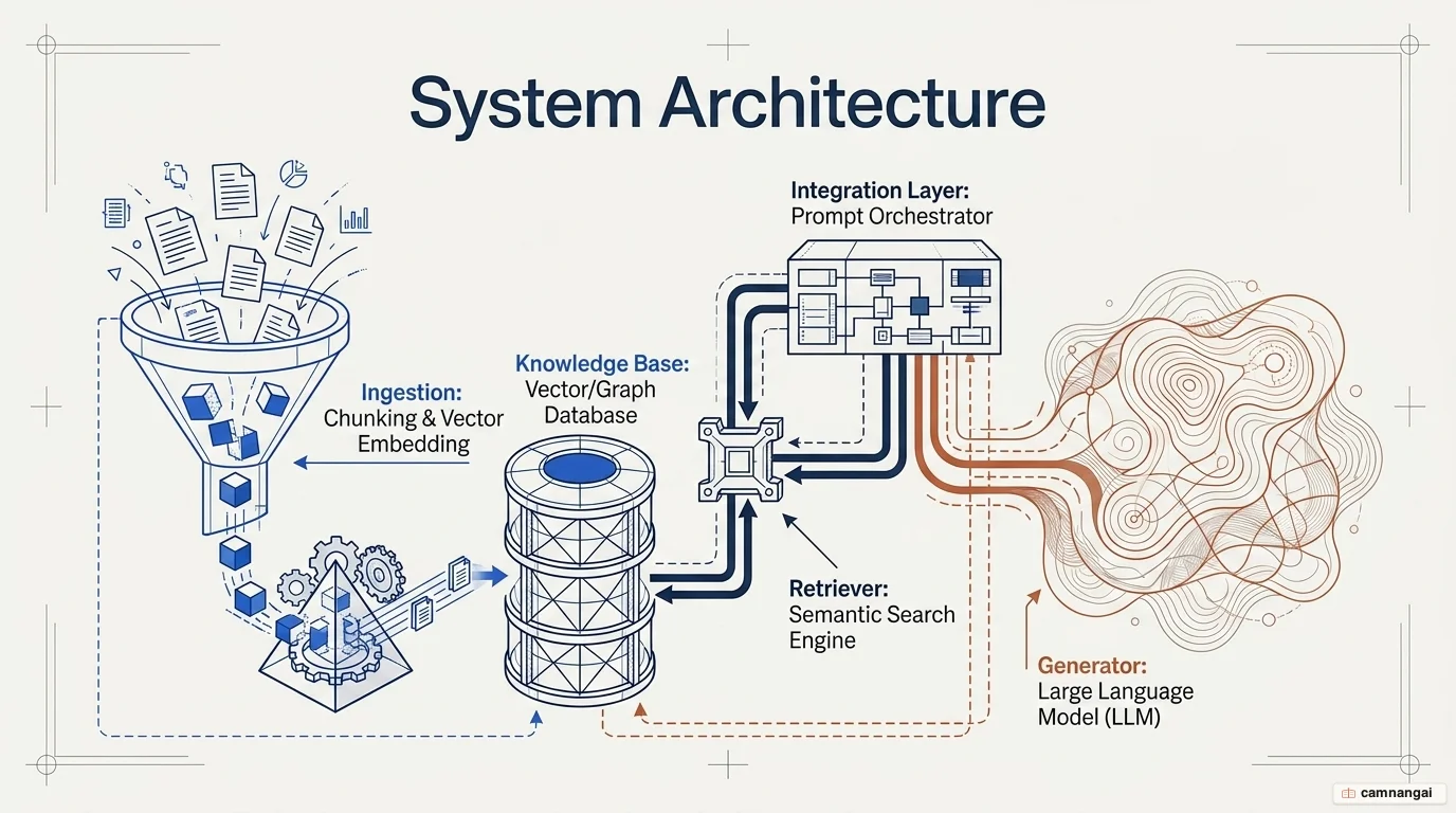 RAG system architecture: a real-time query path with user prompt, retriever, integration layer and generator, above an ingestion path of documents, chunking and vector embedding feeding the knowledge base
