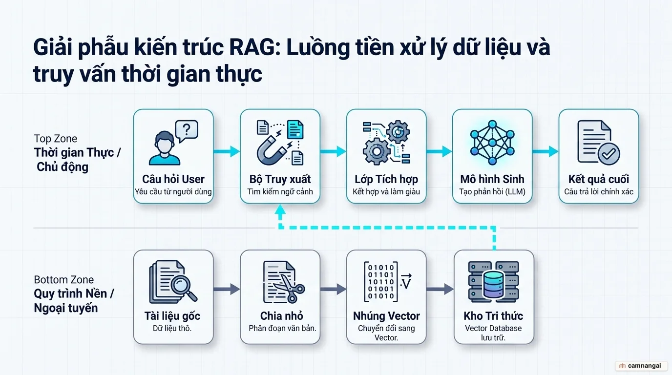 Kiến trúc hệ thống RAG: tầng truy vấn thời gian thực gồm câu hỏi người dùng, bộ truy xuất, lớp tích hợp và mô hình sinh, bên dưới là quy trình tiền xử lý tài liệu — chia nhỏ và nhúng vector vào kho tri thức