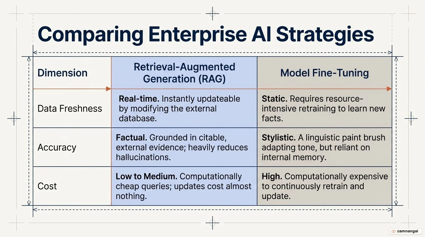 Table comparing Retrieval-Augmented Generation and model fine-tuning across data freshness, accuracy, and cost