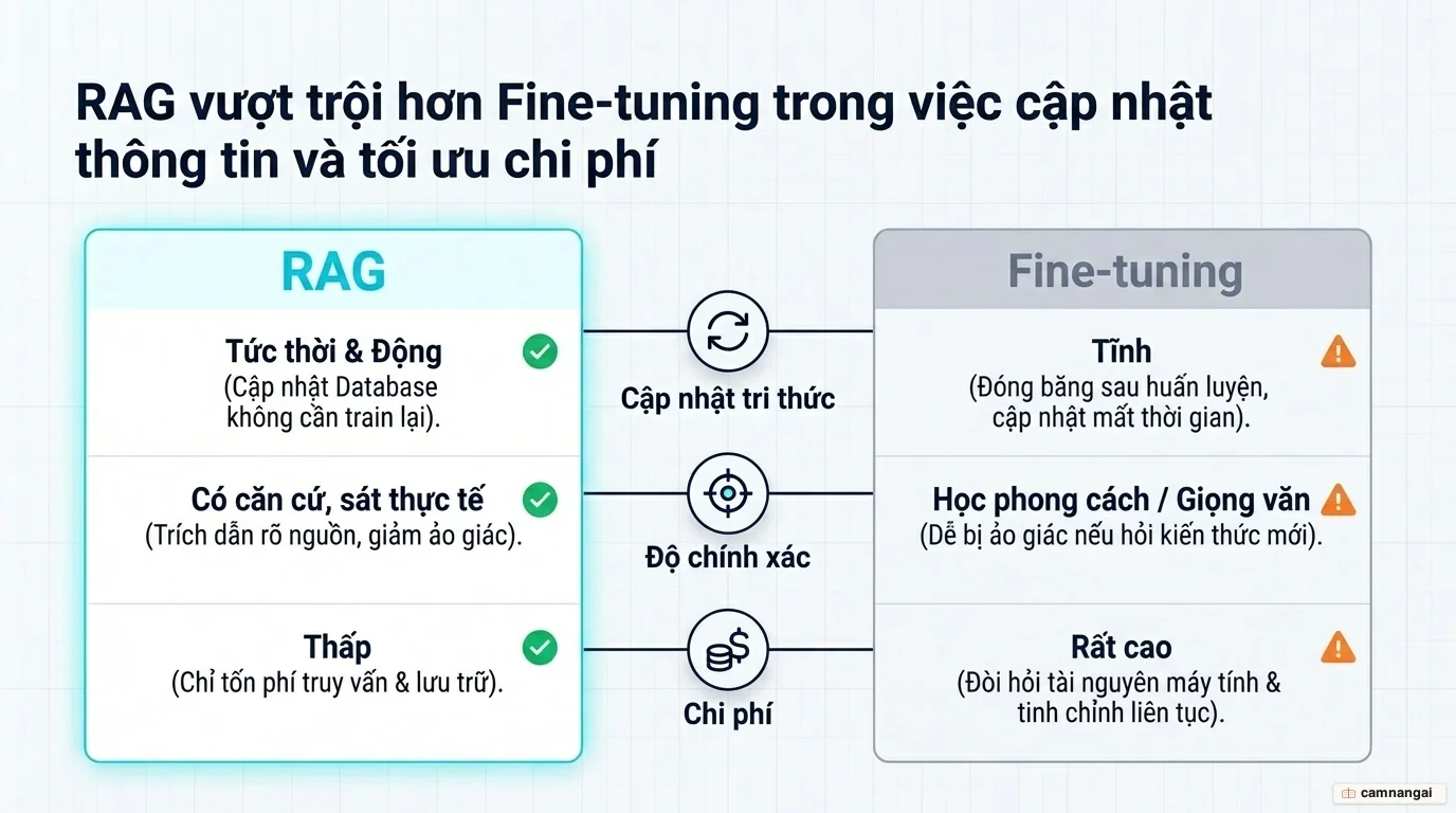 Bảng so sánh RAG và fine-tuning theo ba tiêu chí: cập nhật tri thức, độ chính xác và chi phí