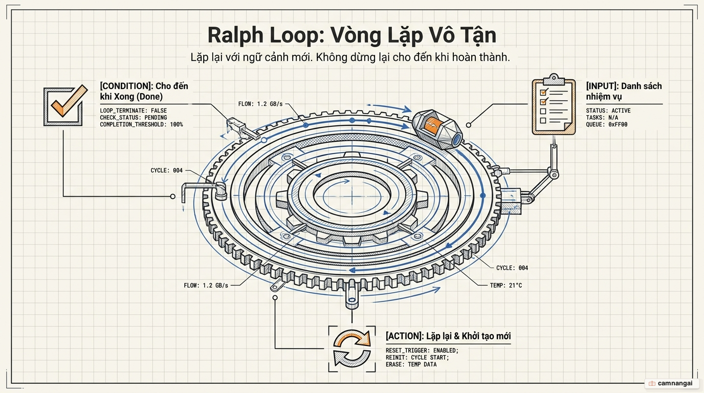 Ảnh bìa: một AI agent chạy lặp đi lặp lại trong vòng lặp Ralph, mỗi vòng khởi tạo ngữ cảnh mới cho đến khi hoàn thành nhiệm vụ
