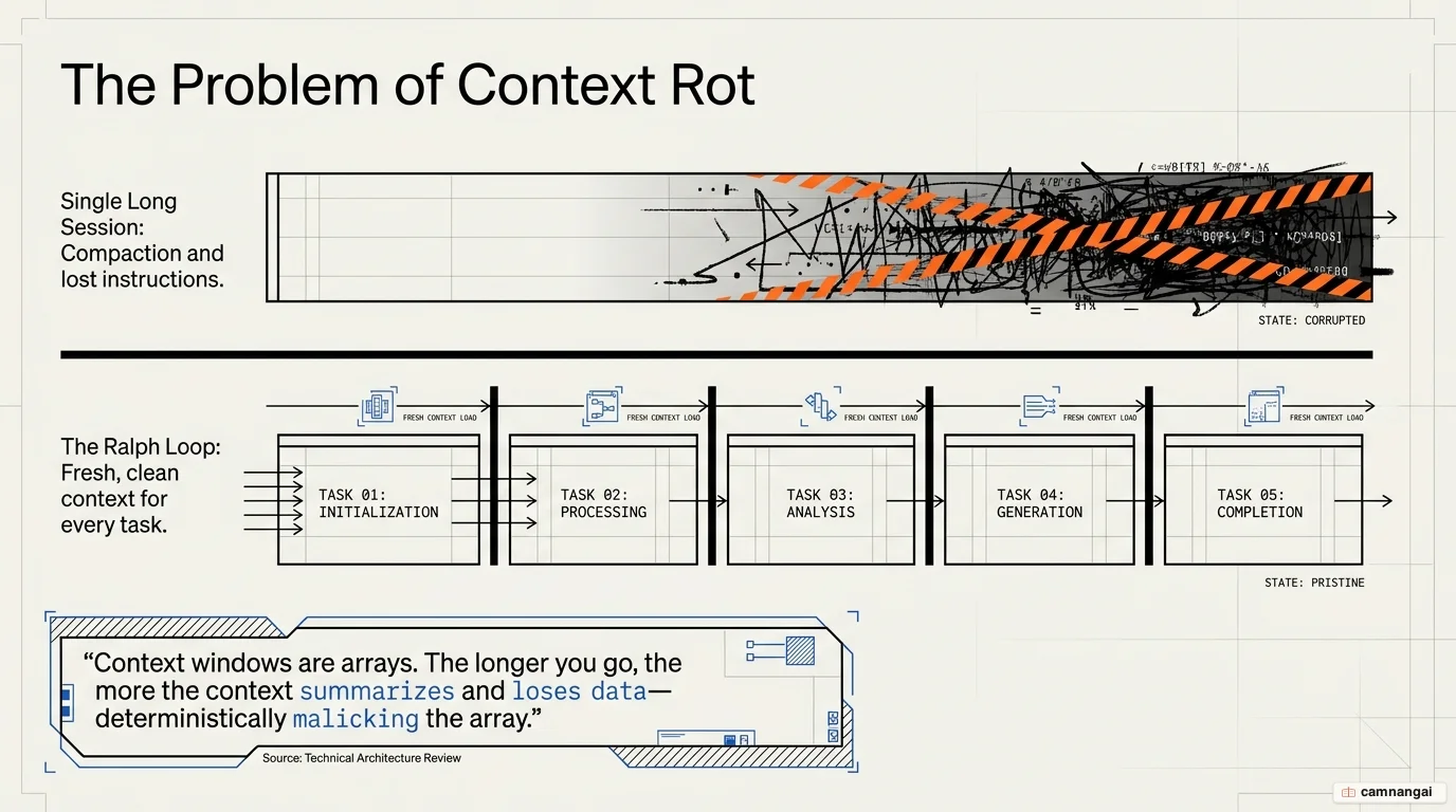 Comparison of a long session suffering context rot versus the Ralph Loop starting each task with a fresh context