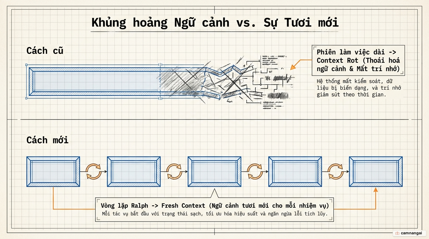 So sánh một phiên làm việc dài bị thối rữa ngữ cảnh với vòng lặp Ralph khởi tạo ngữ cảnh mới cho mỗi nhiệm vụ