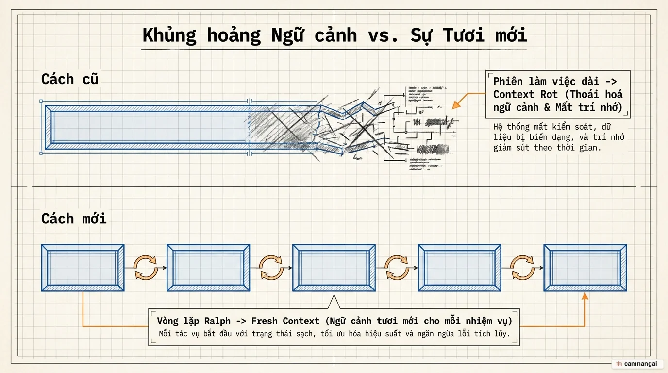 So sánh một phiên làm việc dài bị thối rữa ngữ cảnh với vòng lặp Ralph khởi tạo ngữ cảnh mới cho mỗi nhiệm vụ