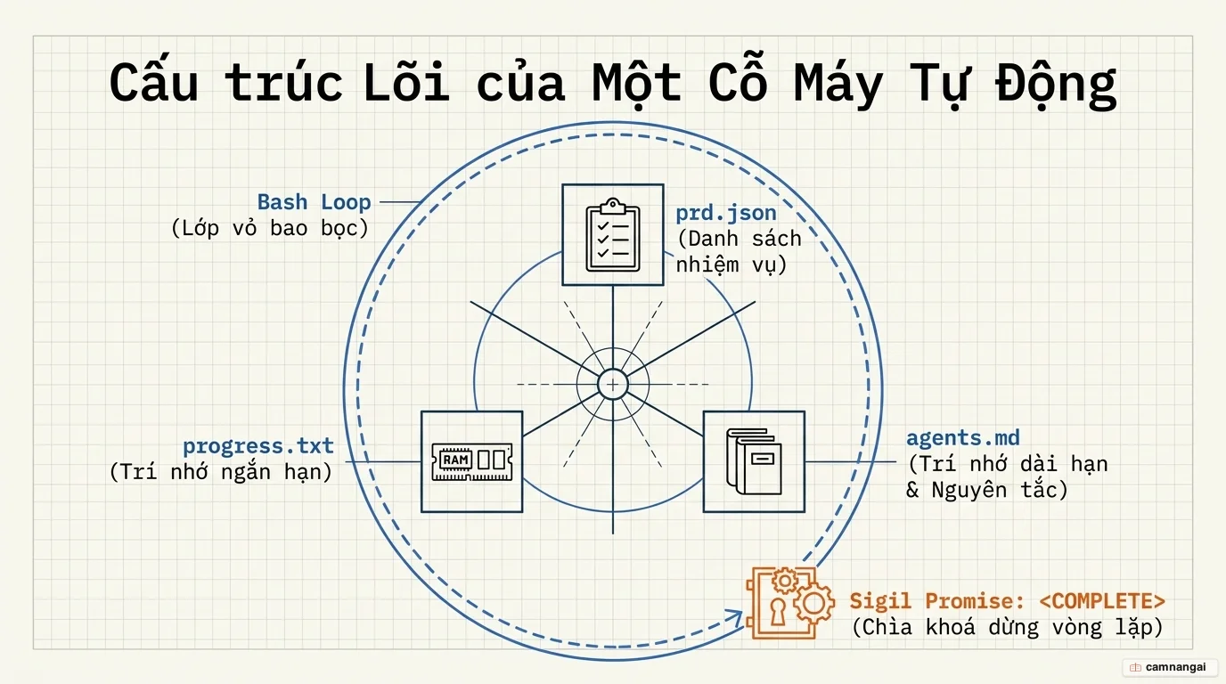 Sơ đồ giải phẫu một Ralph Loop: vòng lặp Bash bao quanh bốn tệp trạng thái prd.json, progress.txt, agents.md và sigil Completion Promise