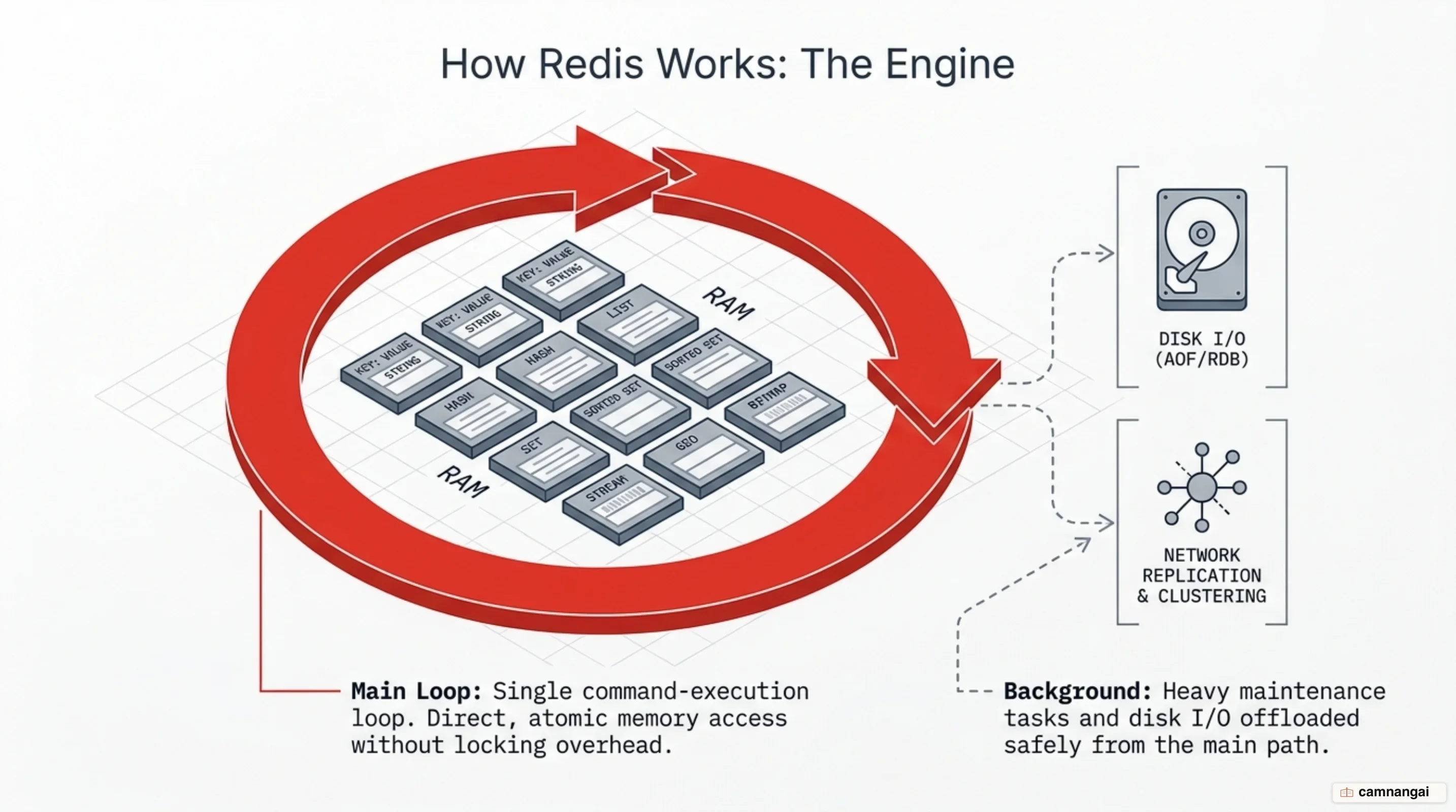 A single command loop operating directly on in-memory data structures, with background threads handling maintenance