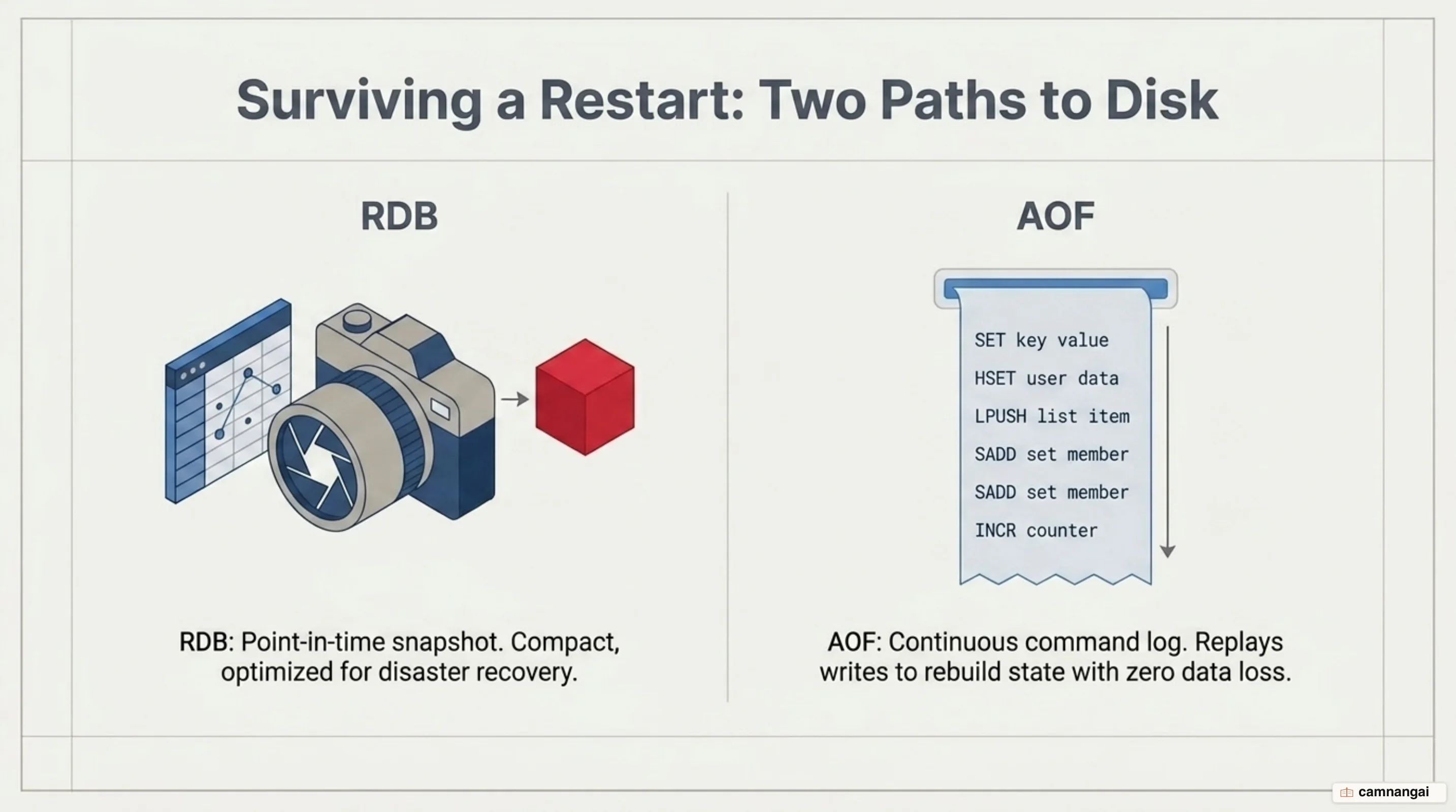 Two paths to disk: RDB writes point-in-time snapshots while AOF appends a log of every write command