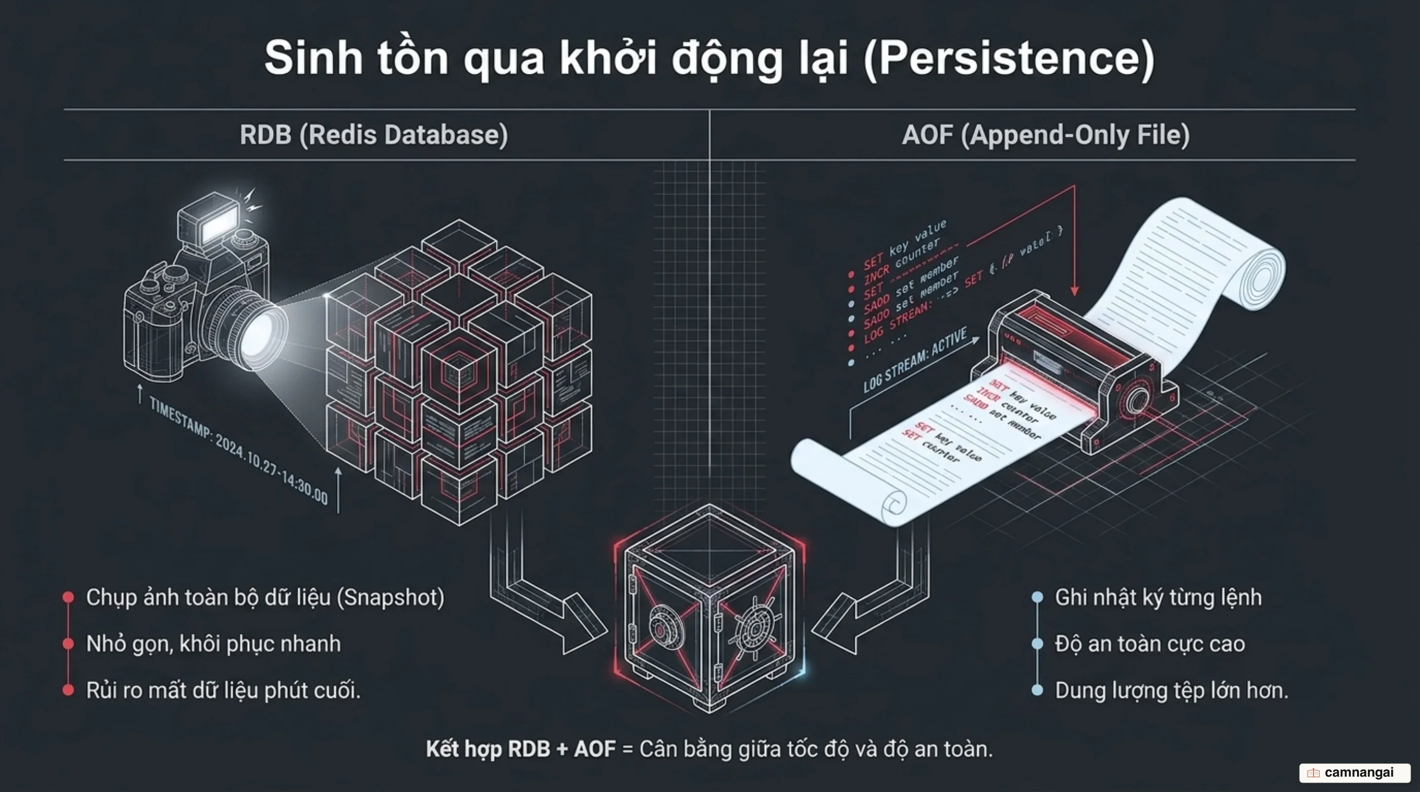 Hai cơ chế bền vững hóa của Redis: RDB chụp ảnh tập dữ liệu còn AOF ghi nhật ký từng lệnh thay đổi