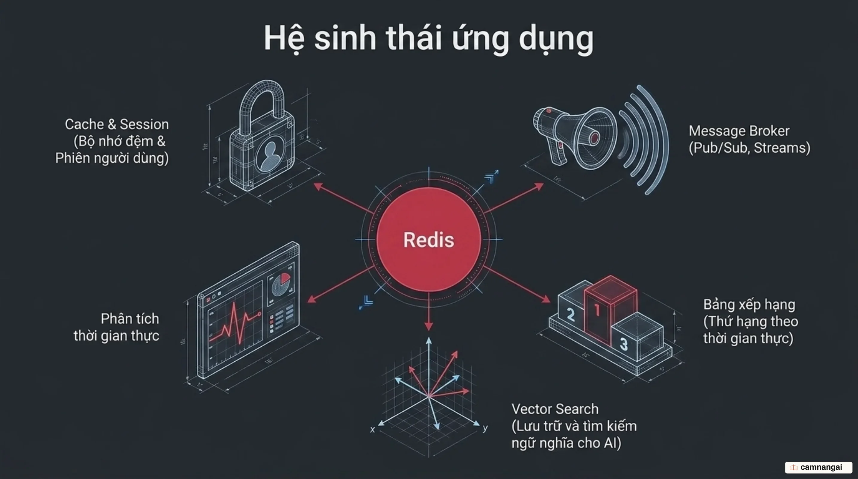 Các việc Redis đảm nhận: cache, message broker, bảng xếp hạng, phân tích thời gian thực và tìm kiếm vector