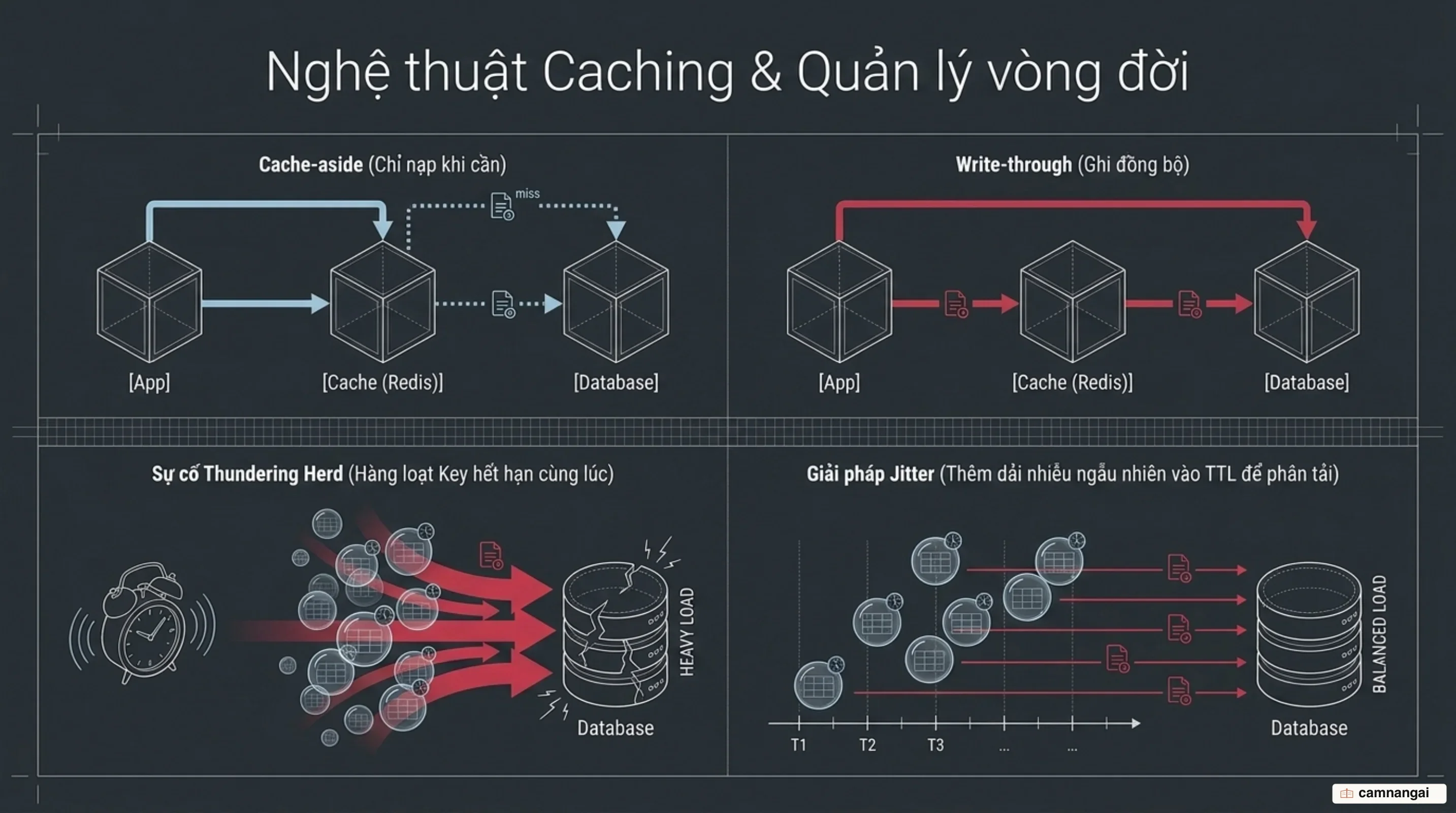 So sánh chiến lược cache-aside với write-through, kèm kỹ thuật cộng jitter vào TTL