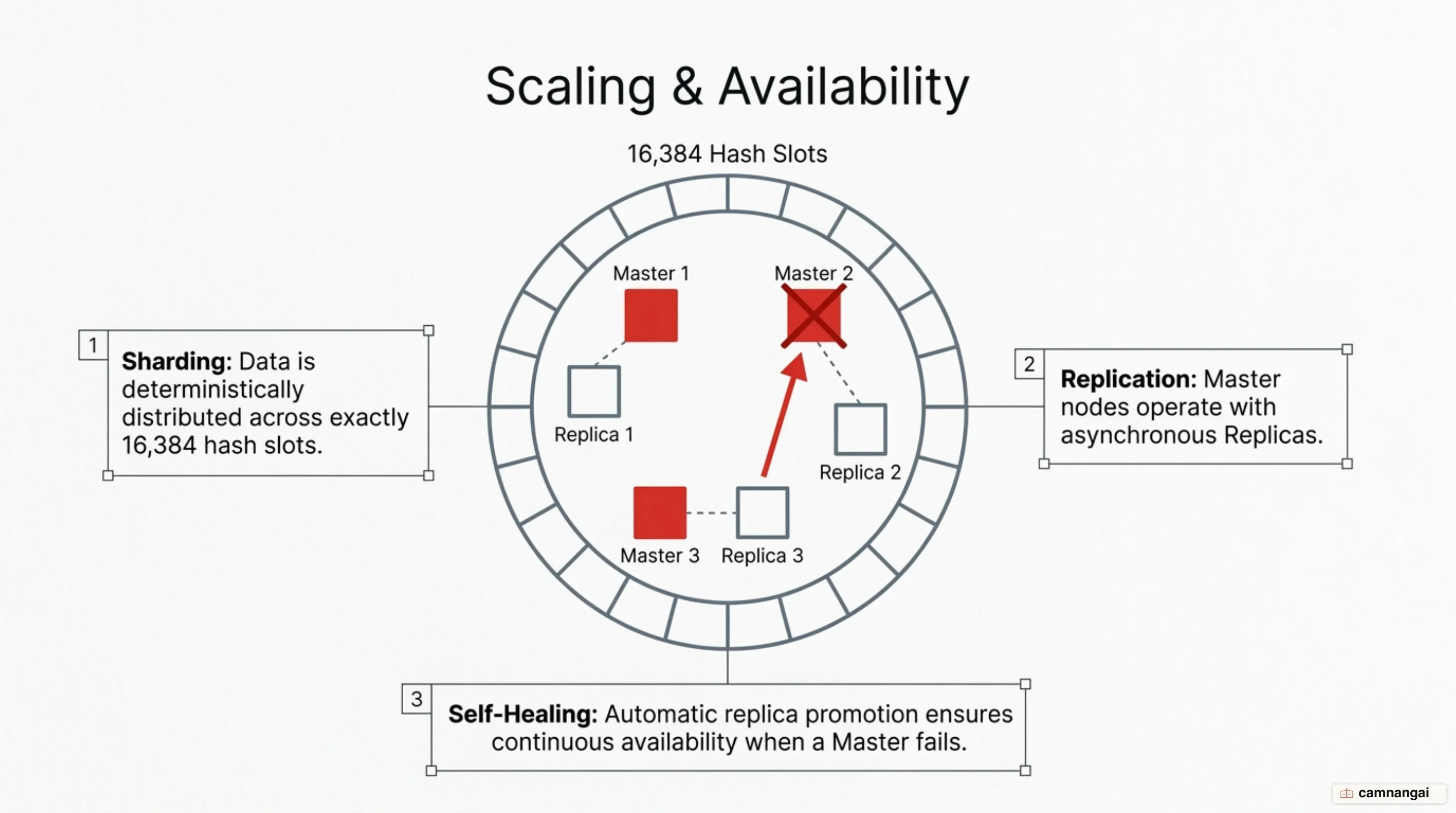 Master-replica architecture and Redis Cluster sharding across 16,384 hash slots with automatic failover