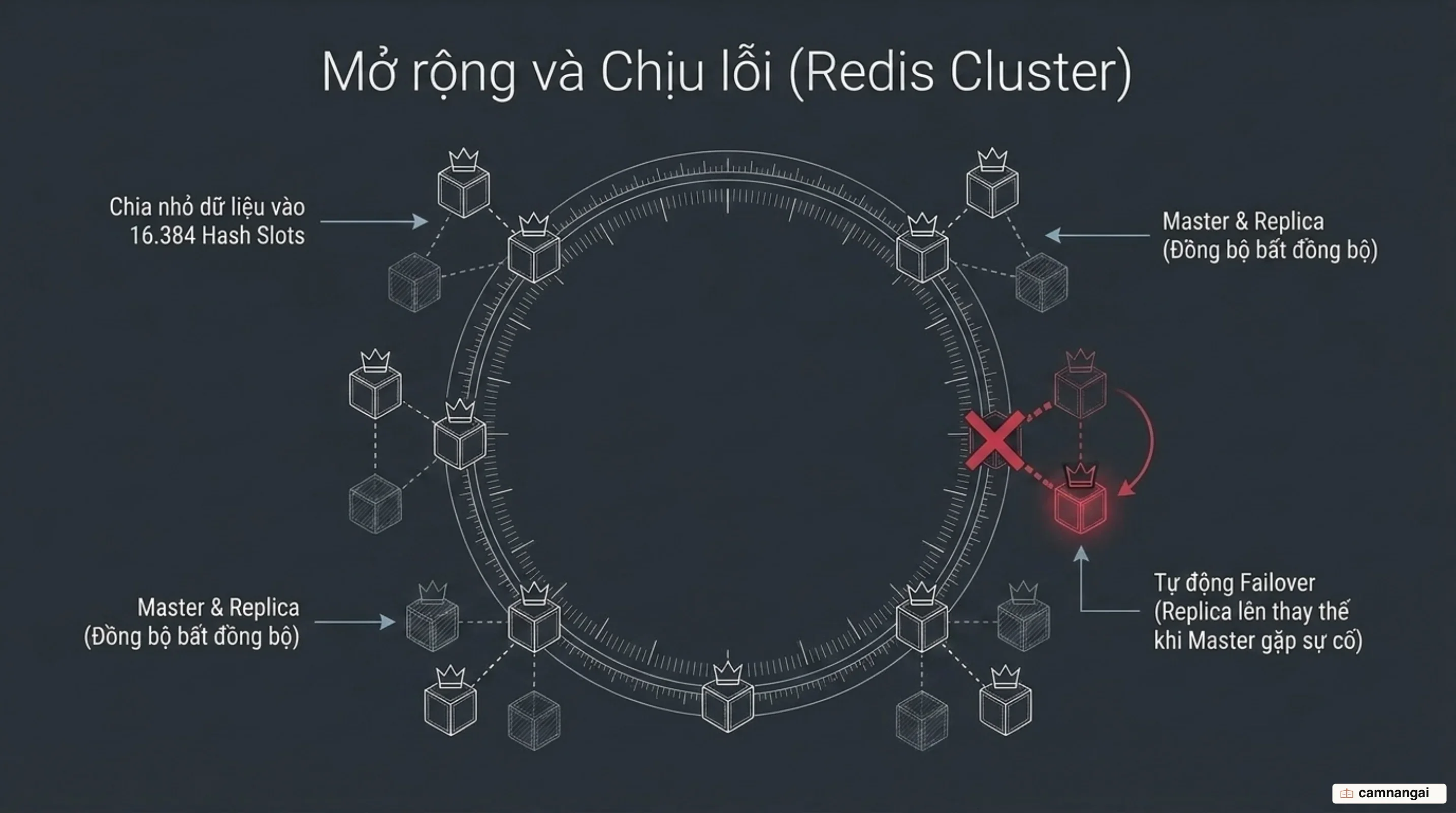 Kiến trúc Master-Replica và Redis Cluster chia 16.384 hash slot, Replica tự lên thay khi Master lỗi