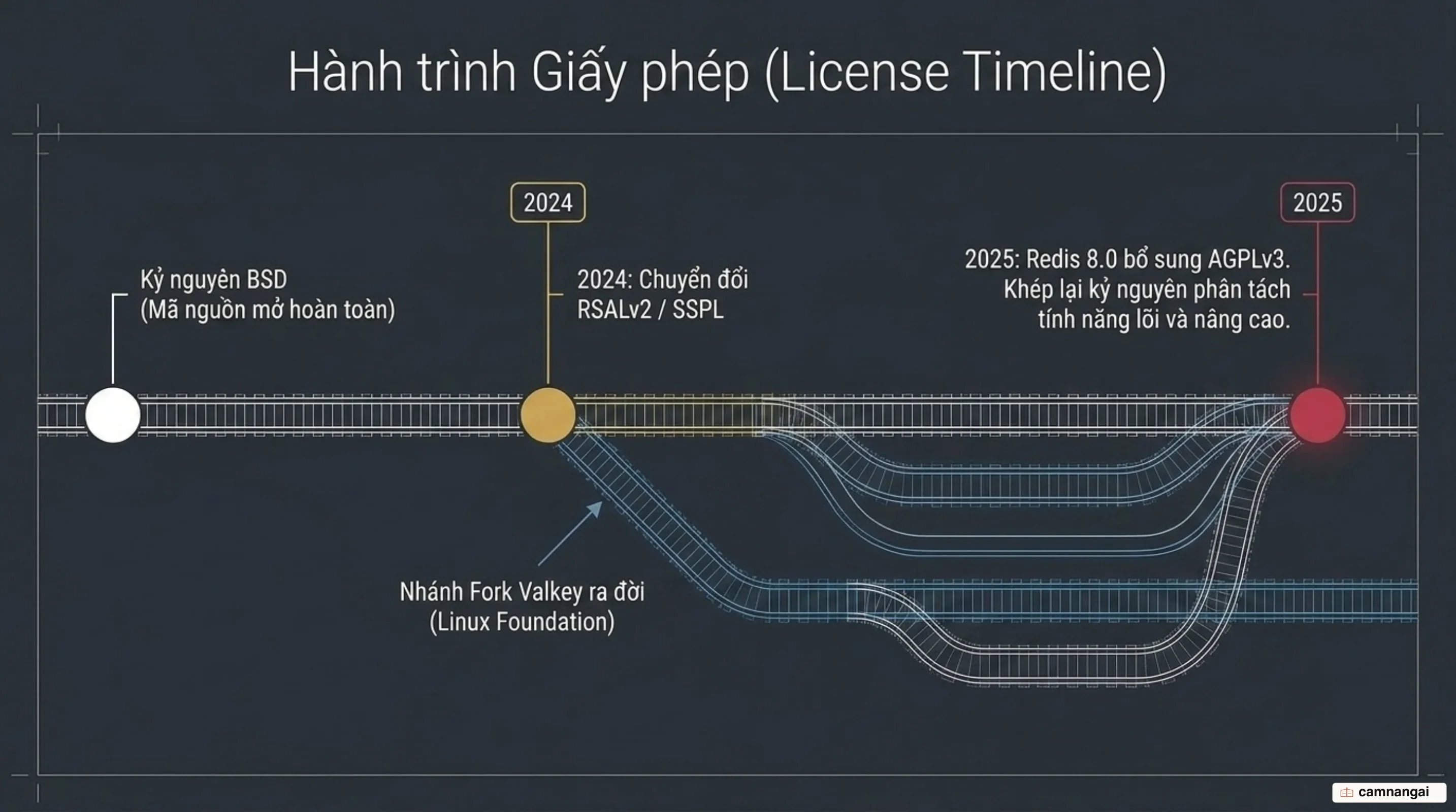 Dòng thời gian giấy phép Redis: BSD, chuyển sang RSALv2/SSPL năm 2024 và bổ sung AGPLv3 năm 2025
