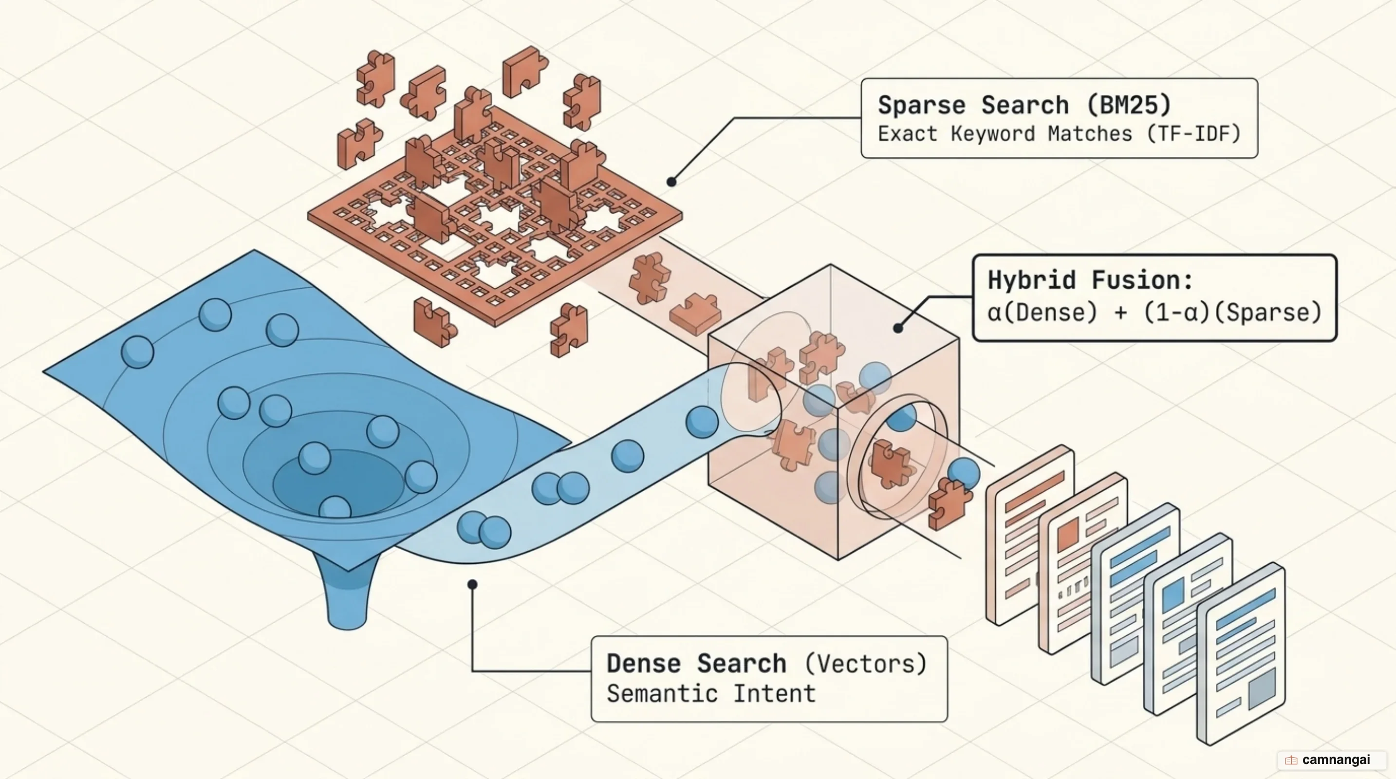 Comparison of dense vector search, sparse BM25 lexical search, and hybrid score fusion