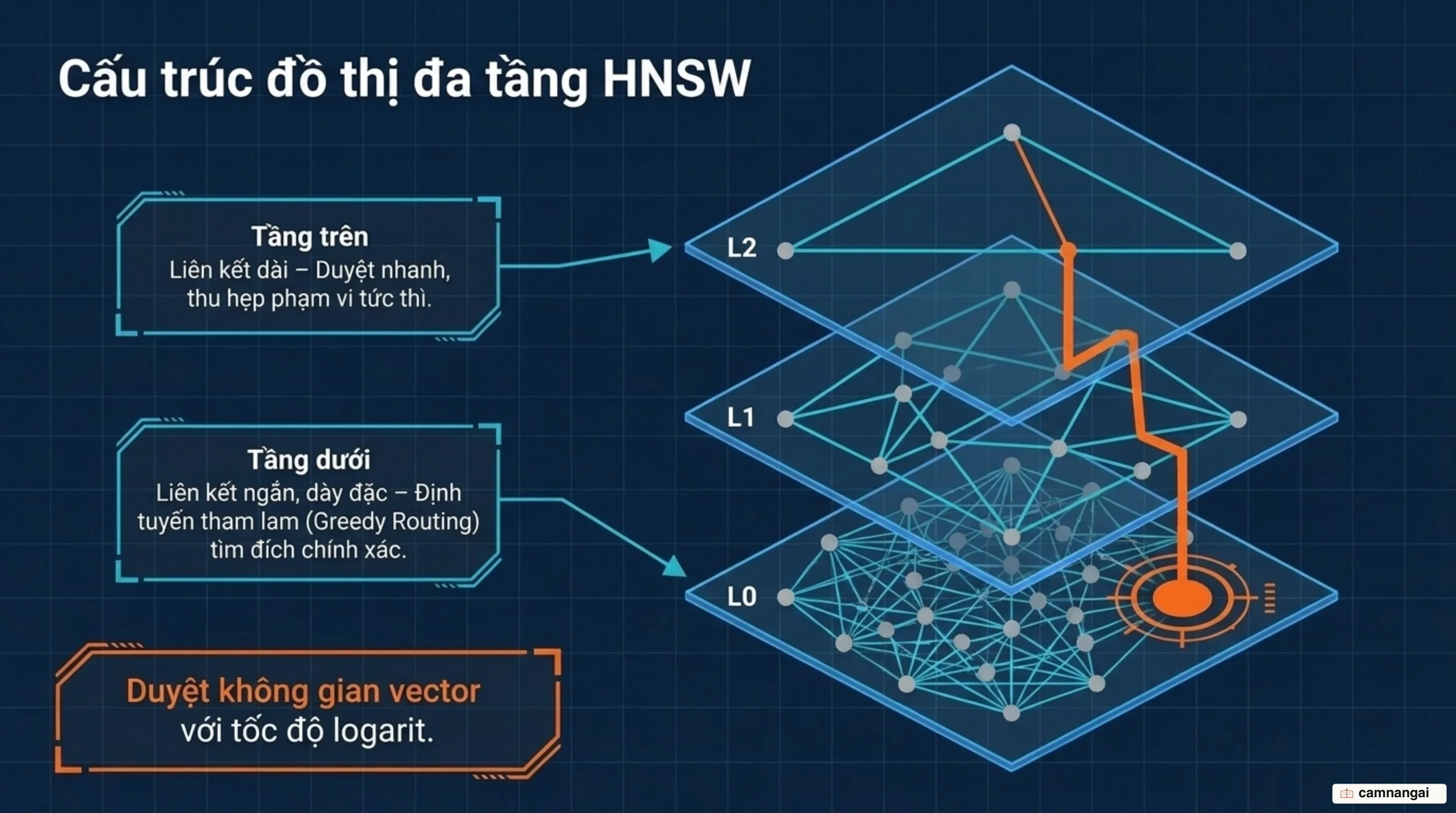 Cơ chế phân tầng đồ thị HNSW và quy trình định tuyến tham lam greedy routing