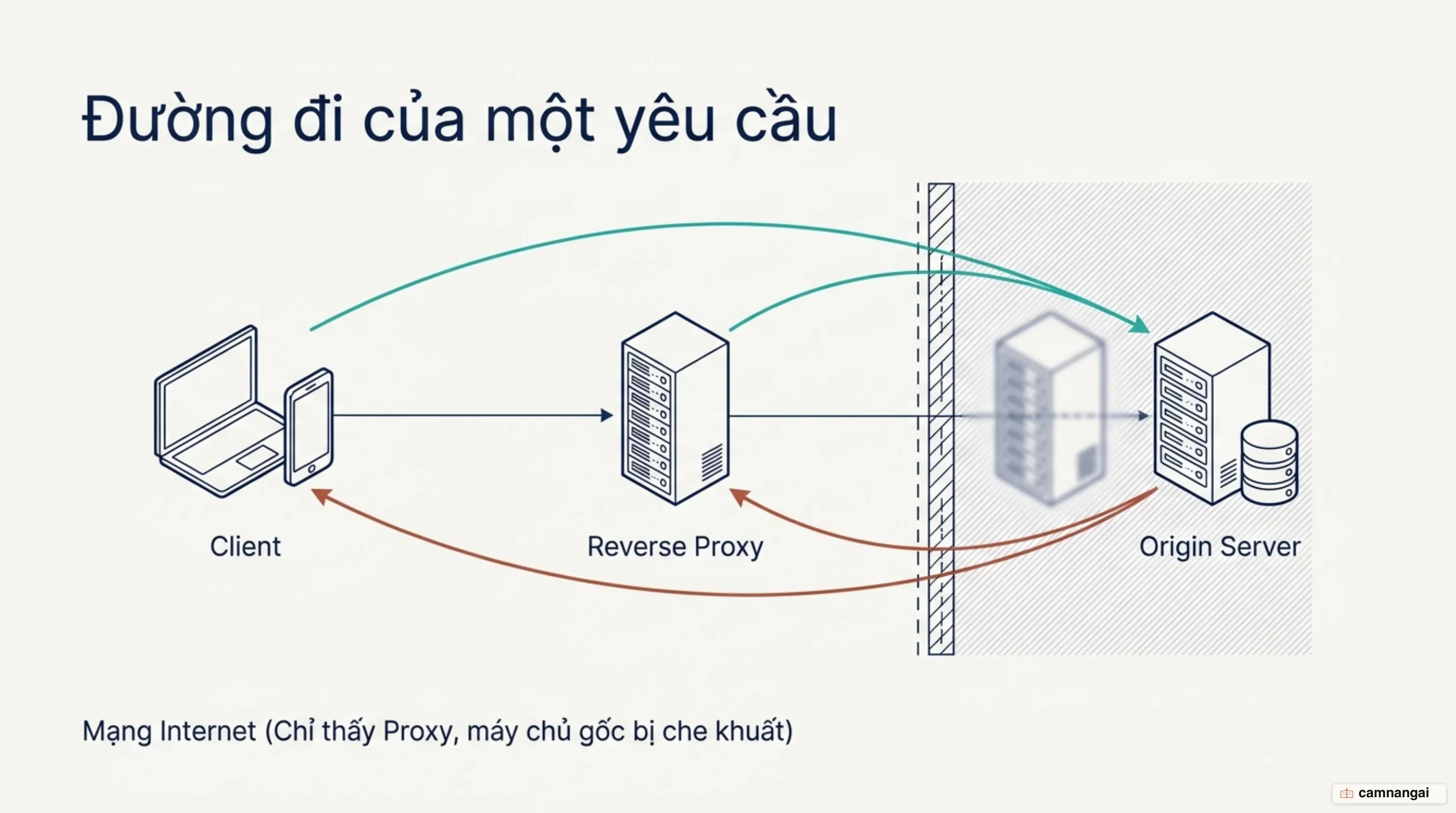 Đường đi của một yêu cầu: máy khách gửi tới reverse proxy, proxy chuyển tiếp tới máy chủ gốc rồi trả phản hồi ngược lại, máy chủ gốc bị che khuất khỏi internet