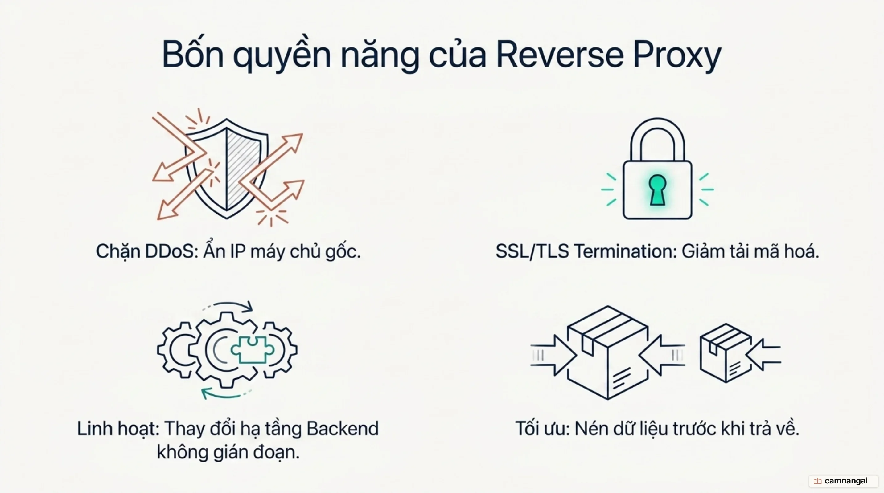 Bốn việc reverse proxy làm được: ẩn IP máy chủ gốc để chặn DDoS, SSL/TLS termination, thay đổi hạ tầng backend mà không gián đoạn, và nén dữ liệu trước khi trả về