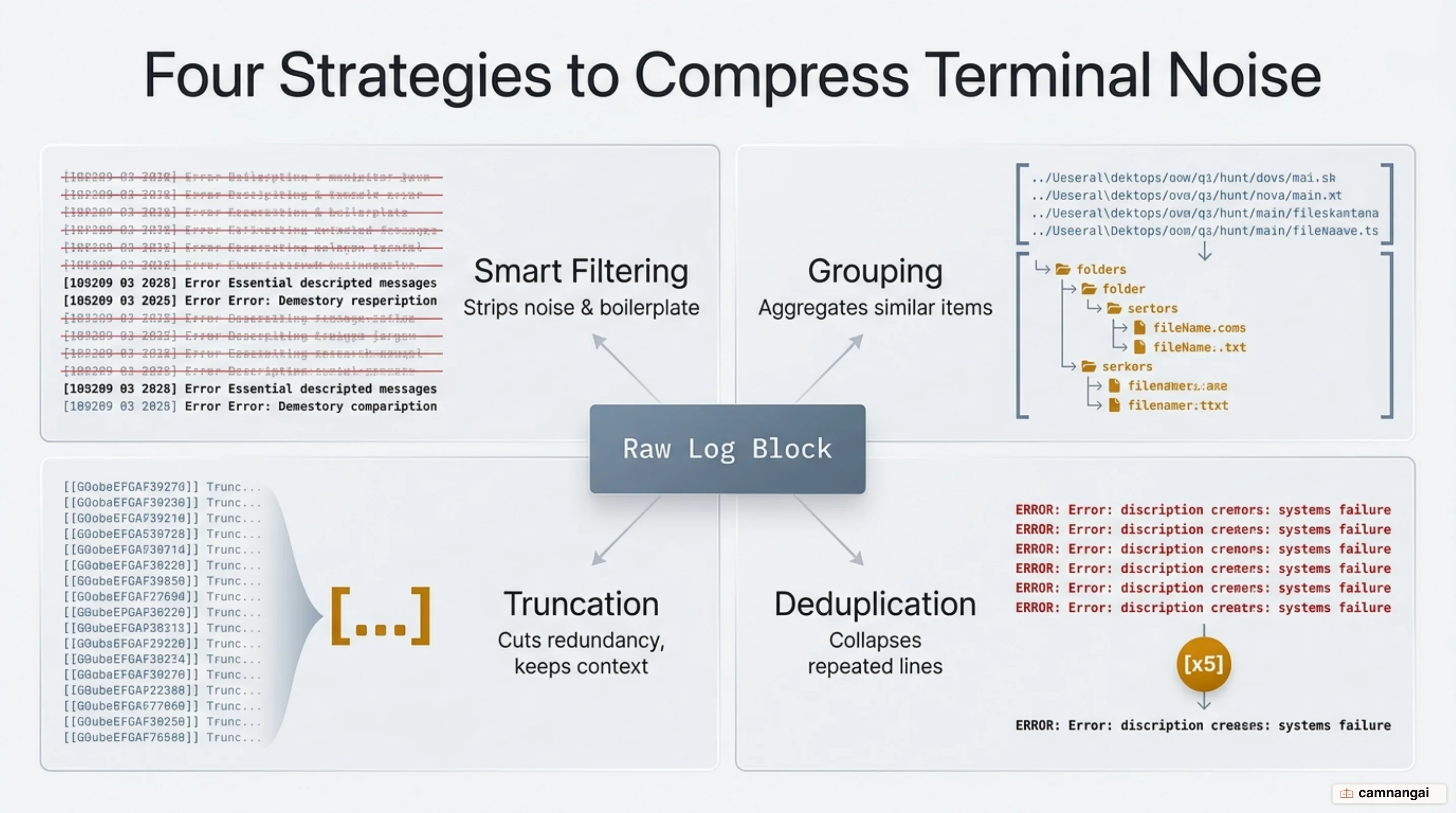 RTK's four output compression strategies — Smart Filtering, Grouping, Truncation and Deduplication — applied to the same block of log output