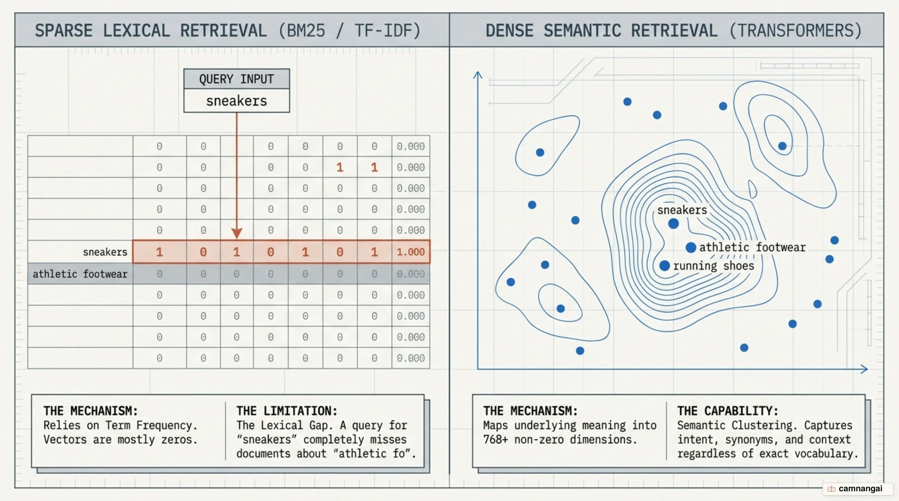 Comparison between sparse lexical retrieval with BM25 and dense semantic retrieval with vector embeddings