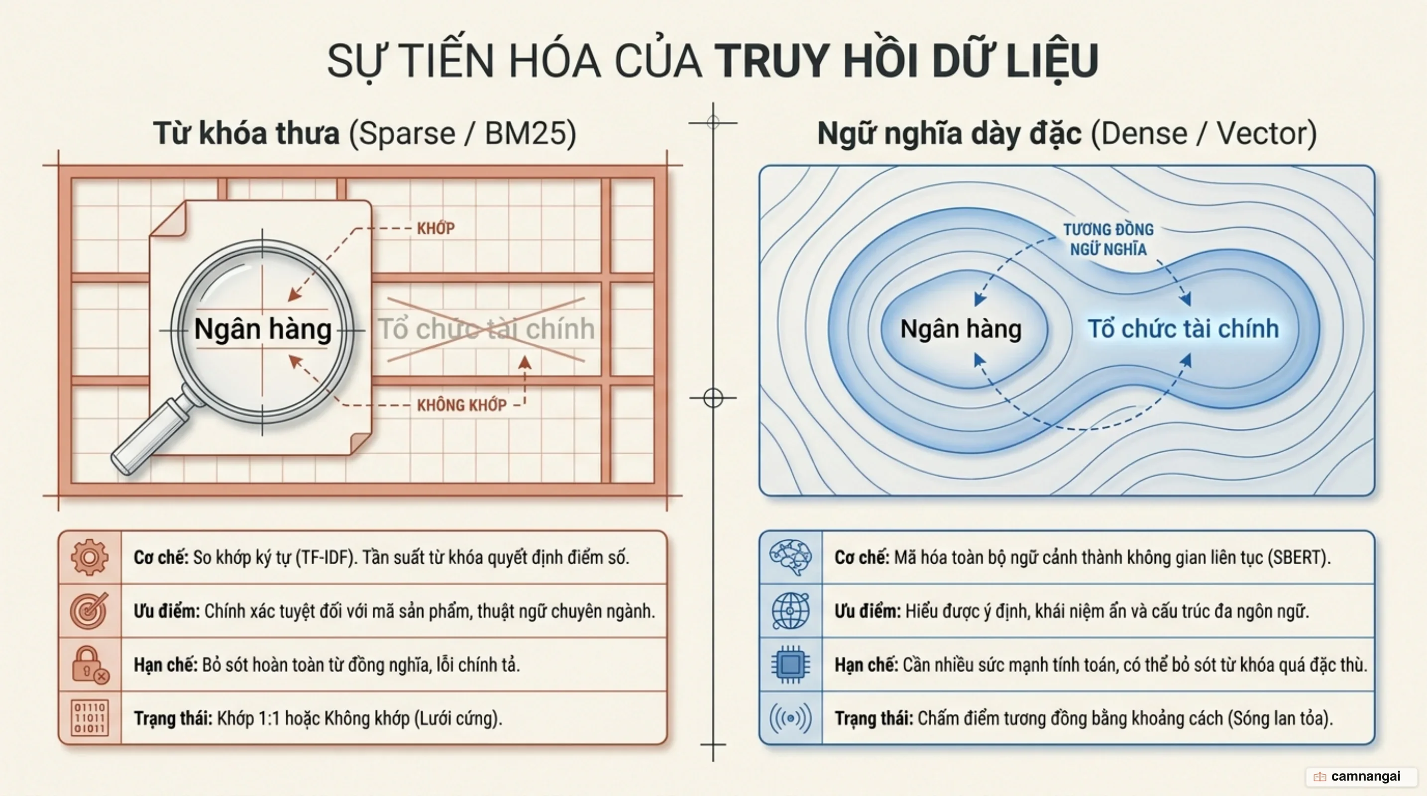 So sánh truy hồi từ khóa thưa BM25 và truy hồi ngữ nghĩa dày đặc bằng vector embedding