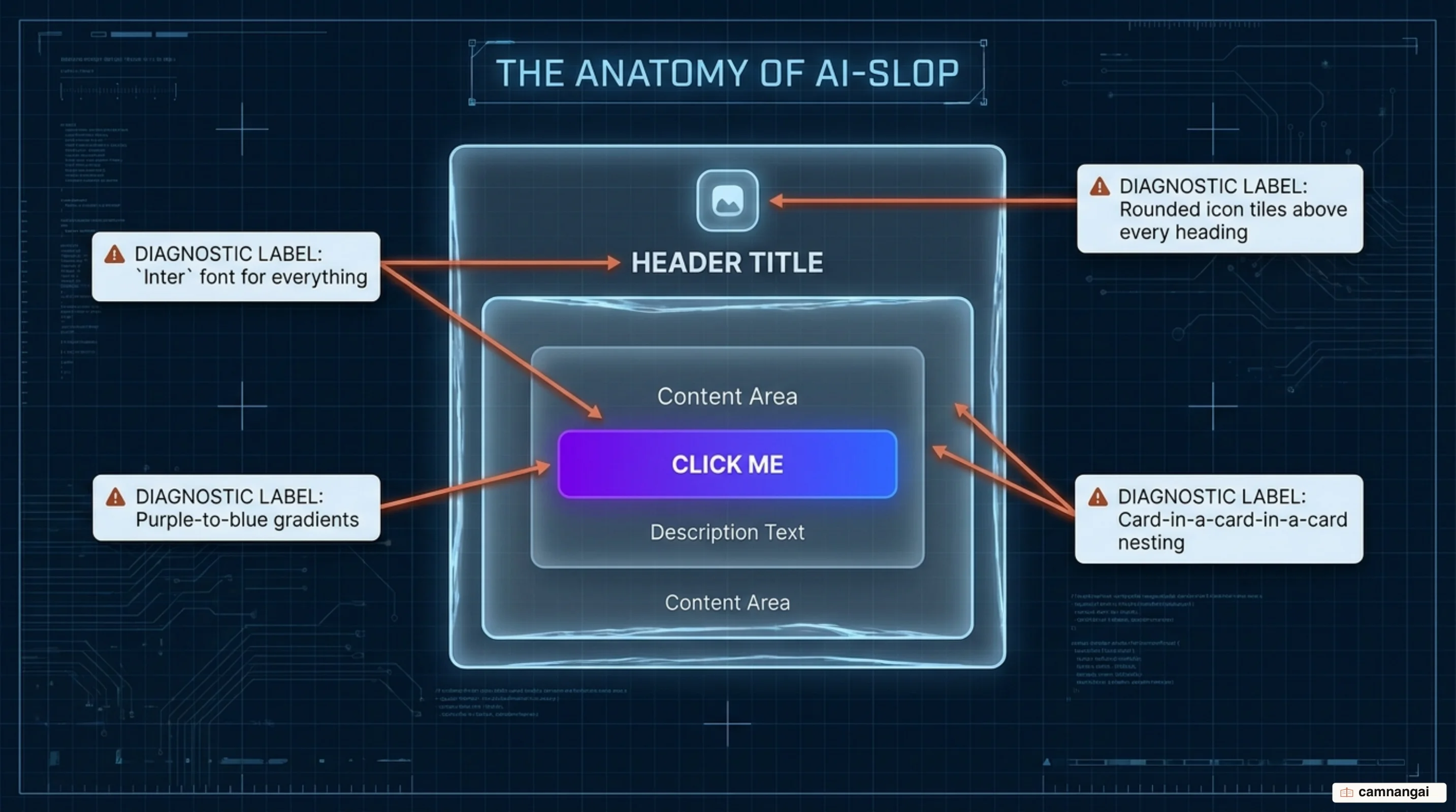 The tell-tale signals of AI-generated UI: the Inter font, purple-blue gradients, card-in-card nesting, and rounded icon tiles above every heading