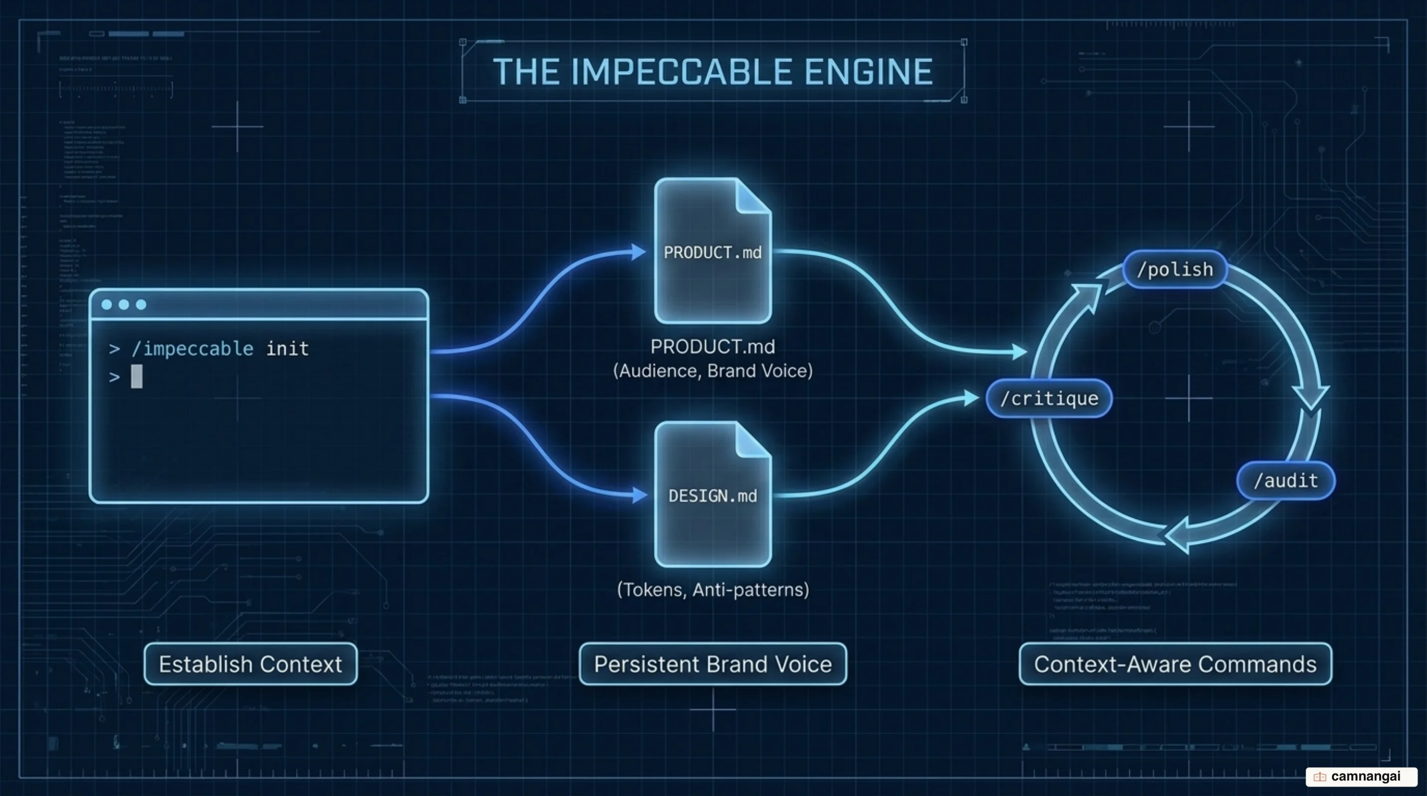 The Impeccable workflow: /impeccable init generates the PRODUCT.md and DESIGN.md files, and every later command like polish or audit reads from them