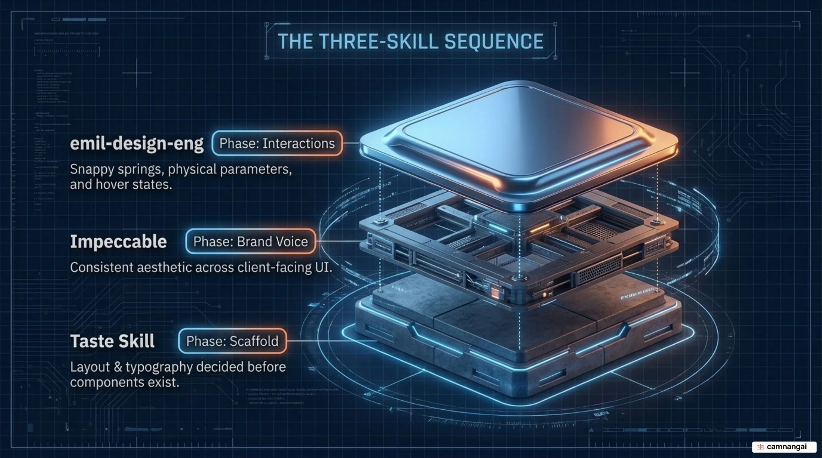 The sequencing of the three skills: Taste Skill scaffolds, then Impeccable holds the brand voice, and finally emil-design-eng refines the interactions