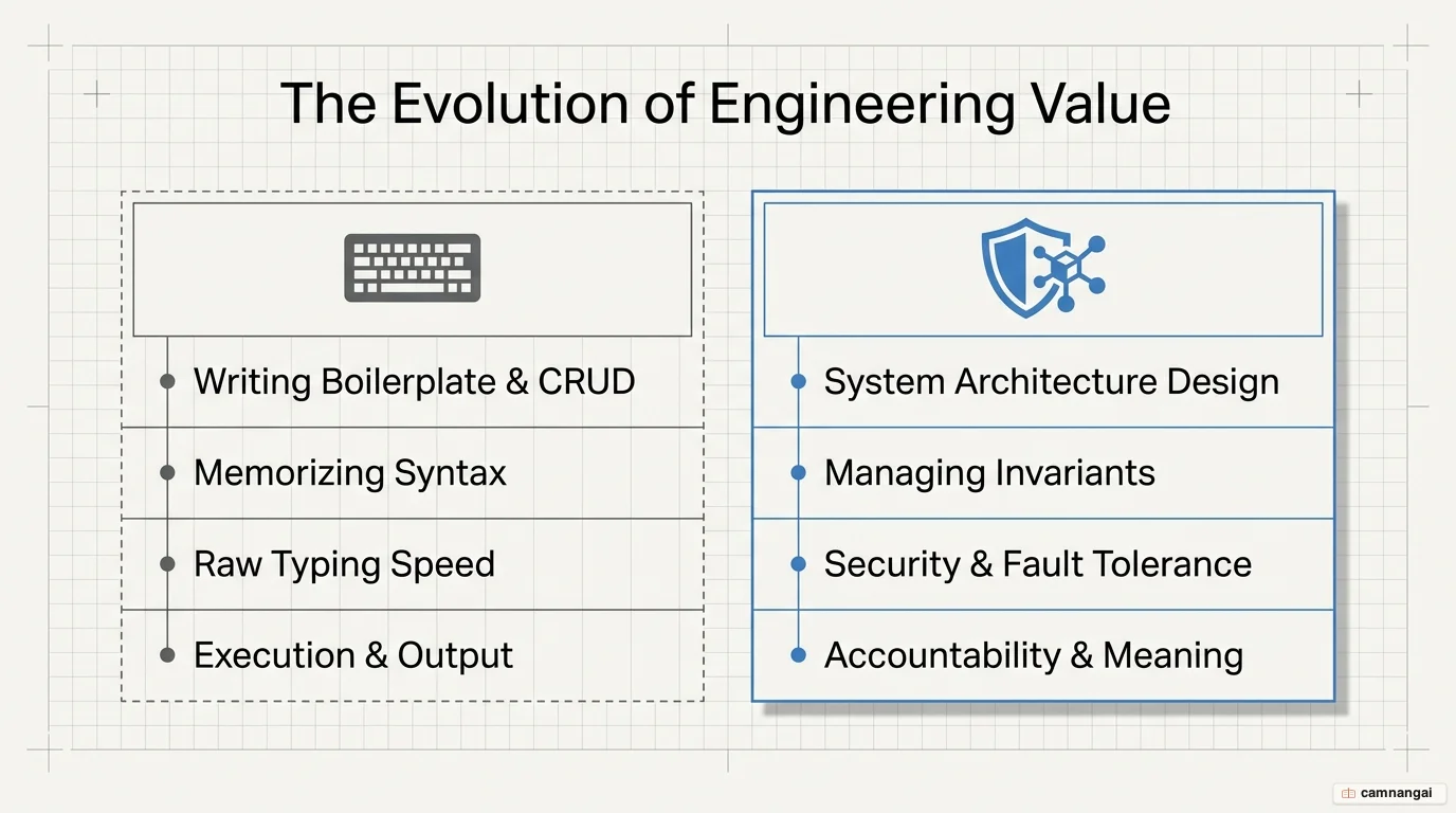 The evolution of engineering value: the old value (writing boilerplate and CRUD, memorizing syntax, raw typing speed, execution) versus the new value (system architecture design, managing invariants, security and fault tolerance, accountability)