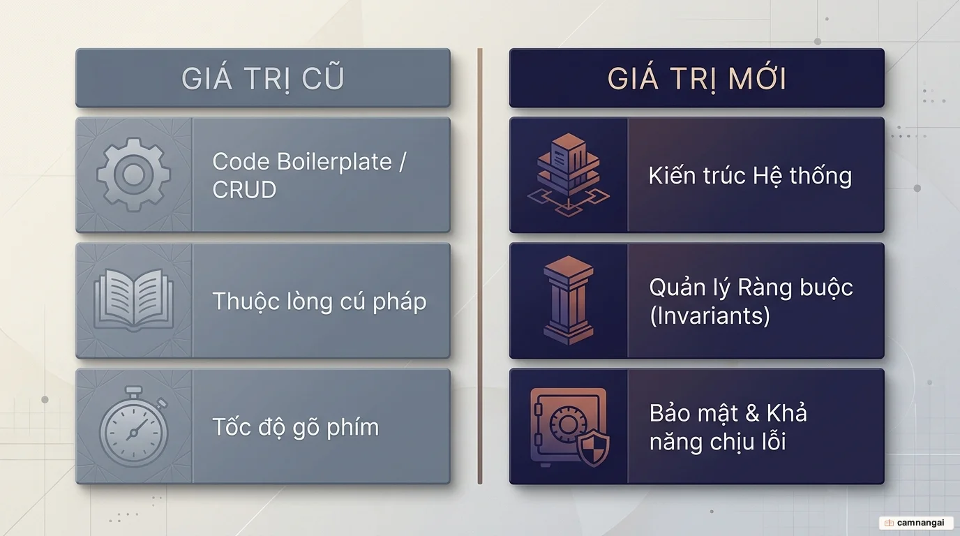 So sánh giá trị cũ và giá trị mới của kỹ sư: bên trái là code boilerplate/CRUD, thuộc lòng cú pháp, tốc độ gõ phím; bên phải là kiến trúc hệ thống, quản lý ràng buộc (invariant), bảo mật và khả năng chịu lỗi