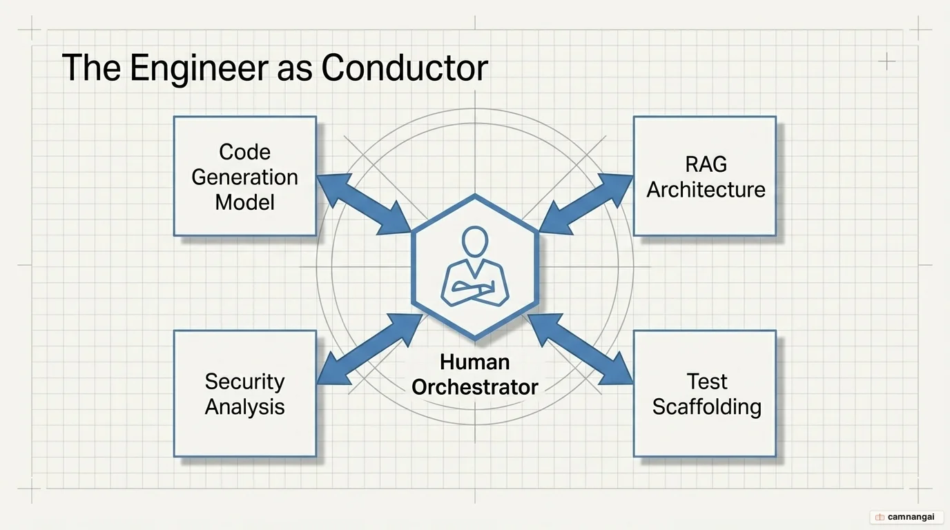 The engineer as a conductor: a human orchestrator at the center connected to a code generation model, RAG architecture, security analysis, and test scaffolding