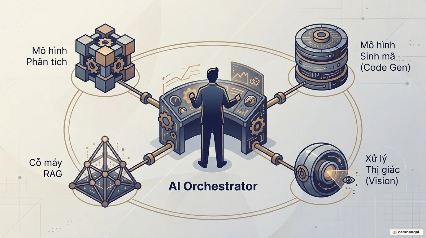 Kỹ sư trong vai trò người điều phối AI (AI Orchestrator), đứng giữa và kết nối tới bốn mô hình chuyên biệt: phân tích, sinh mã, RAG và xử lý thị giác