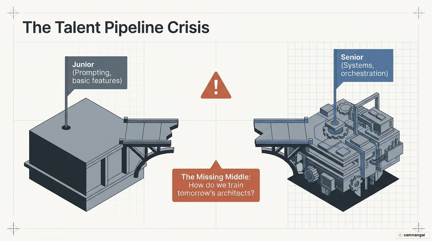 The talent pipeline crisis: a broken bridge between the junior side (prototyping, basic features) and the senior side (systems, orchestration), with a "missing middle" warning about who trains tomorrow's architects