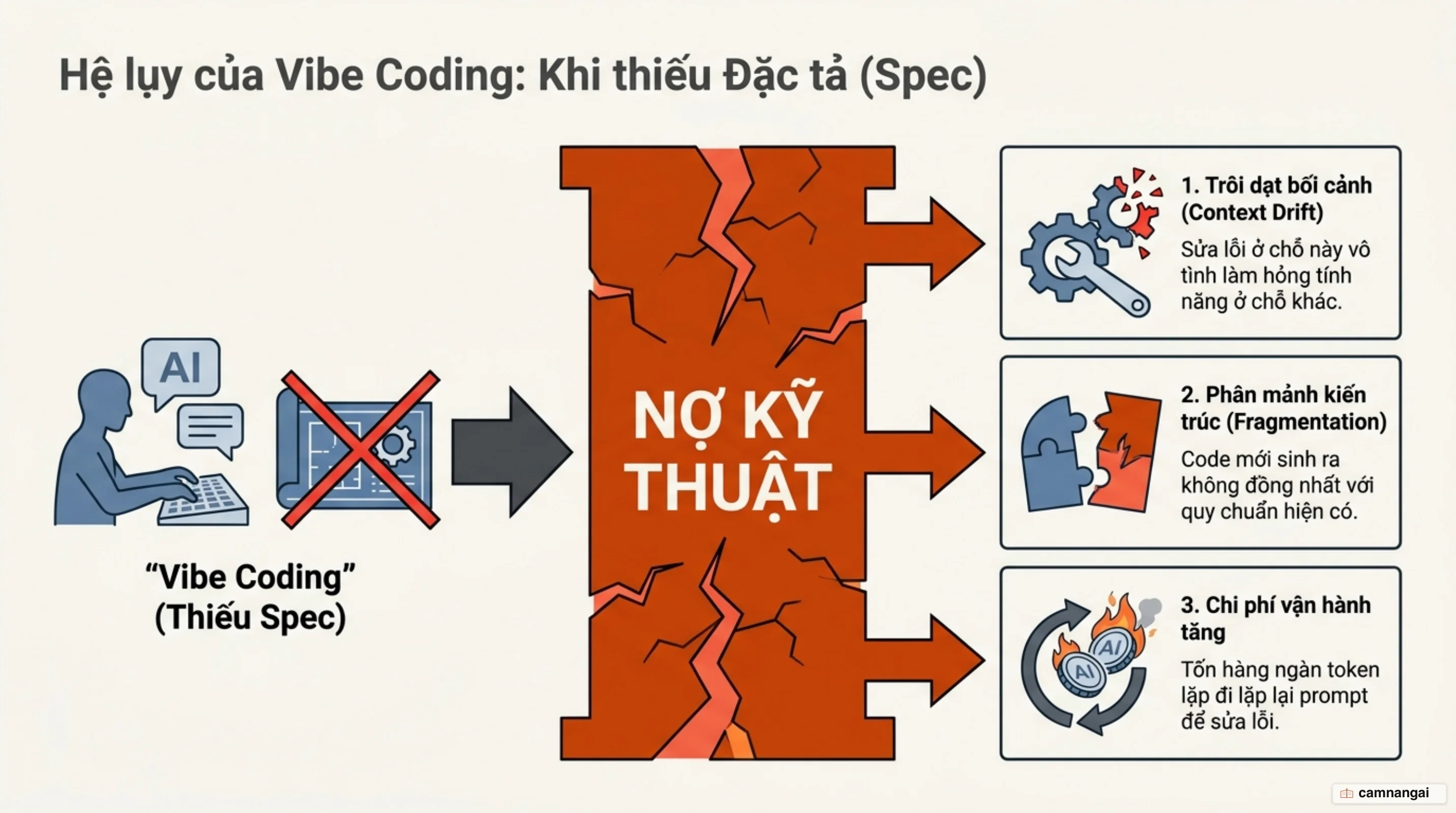 Vibe coding không có spec dẫn tới nợ kỹ thuật: context drift, phân mảnh kiến trúc và chi phí vận hành tăng.