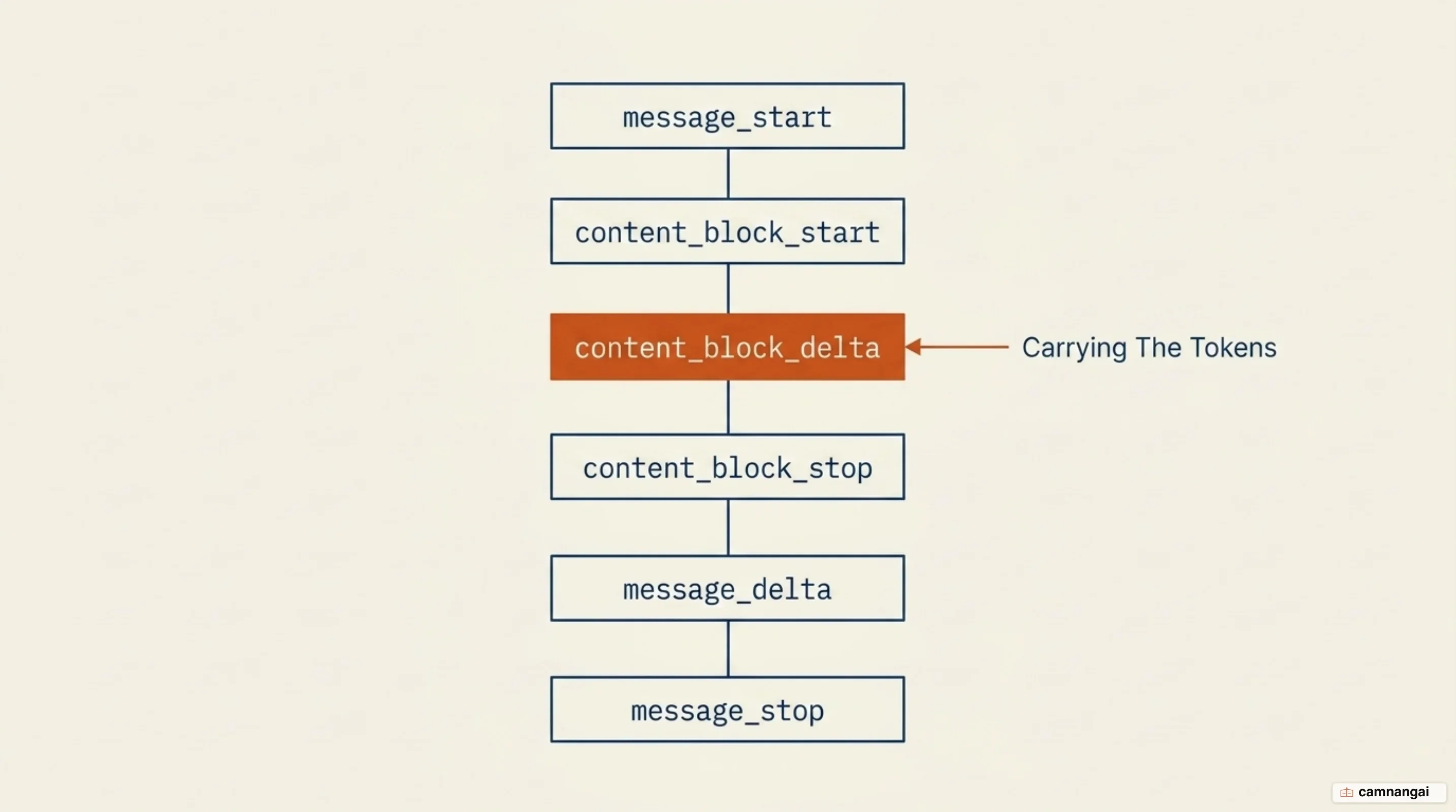The event sequence of an SSE stream: message_start opens the message, content_block_start opens a content block, content_block_delta events carry the tokens, then content_block_stop, message_delta and message_stop close it out