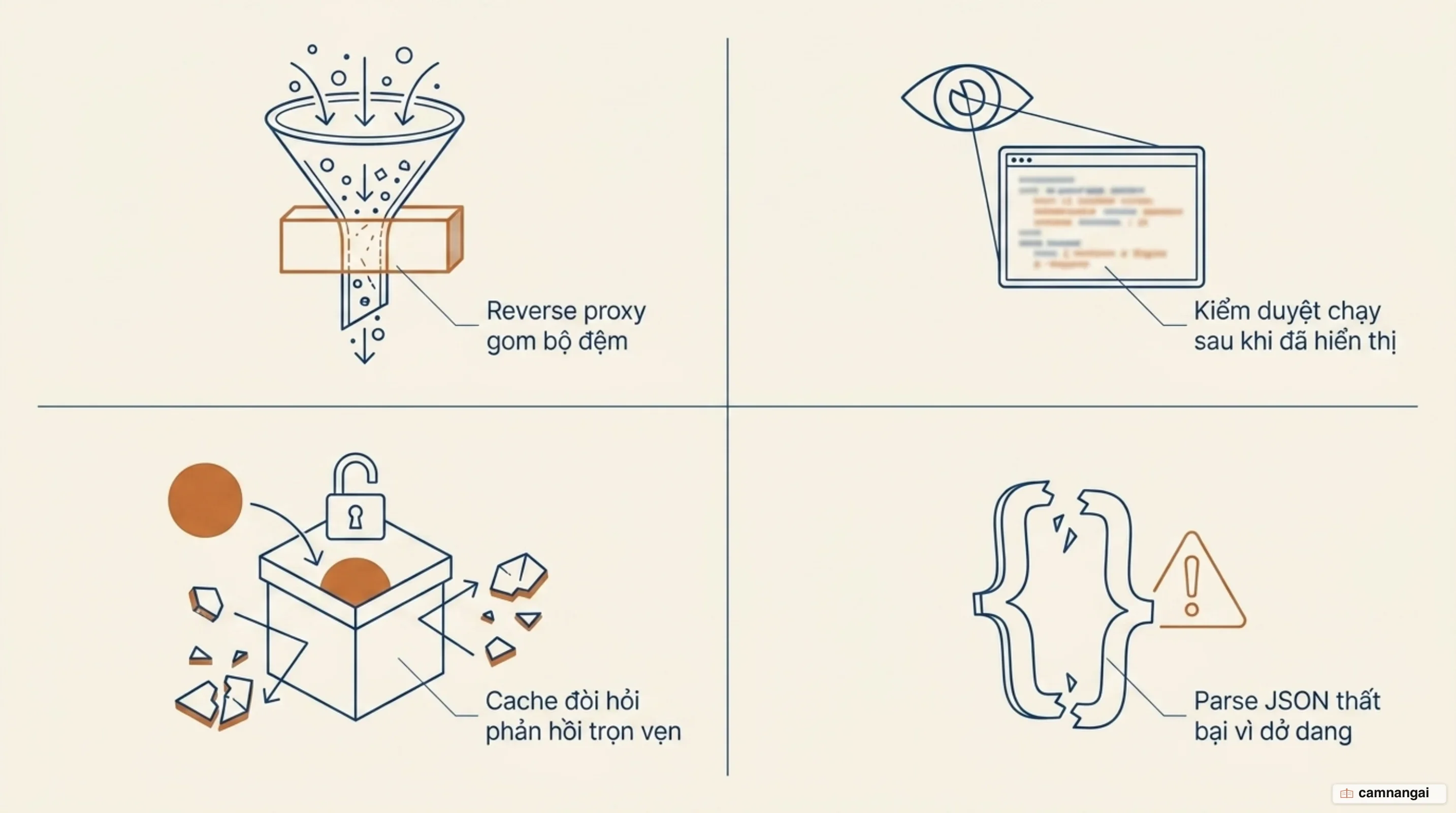 Bốn cái giá phải trả khi bật streaming: reverse proxy gom dữ liệu vào bộ đệm, kiểm duyệt nội dung chạy sau khi chữ đã hiện, cache cần phản hồi trọn vẹn, và JSON dở dang không parse được giữa chừng