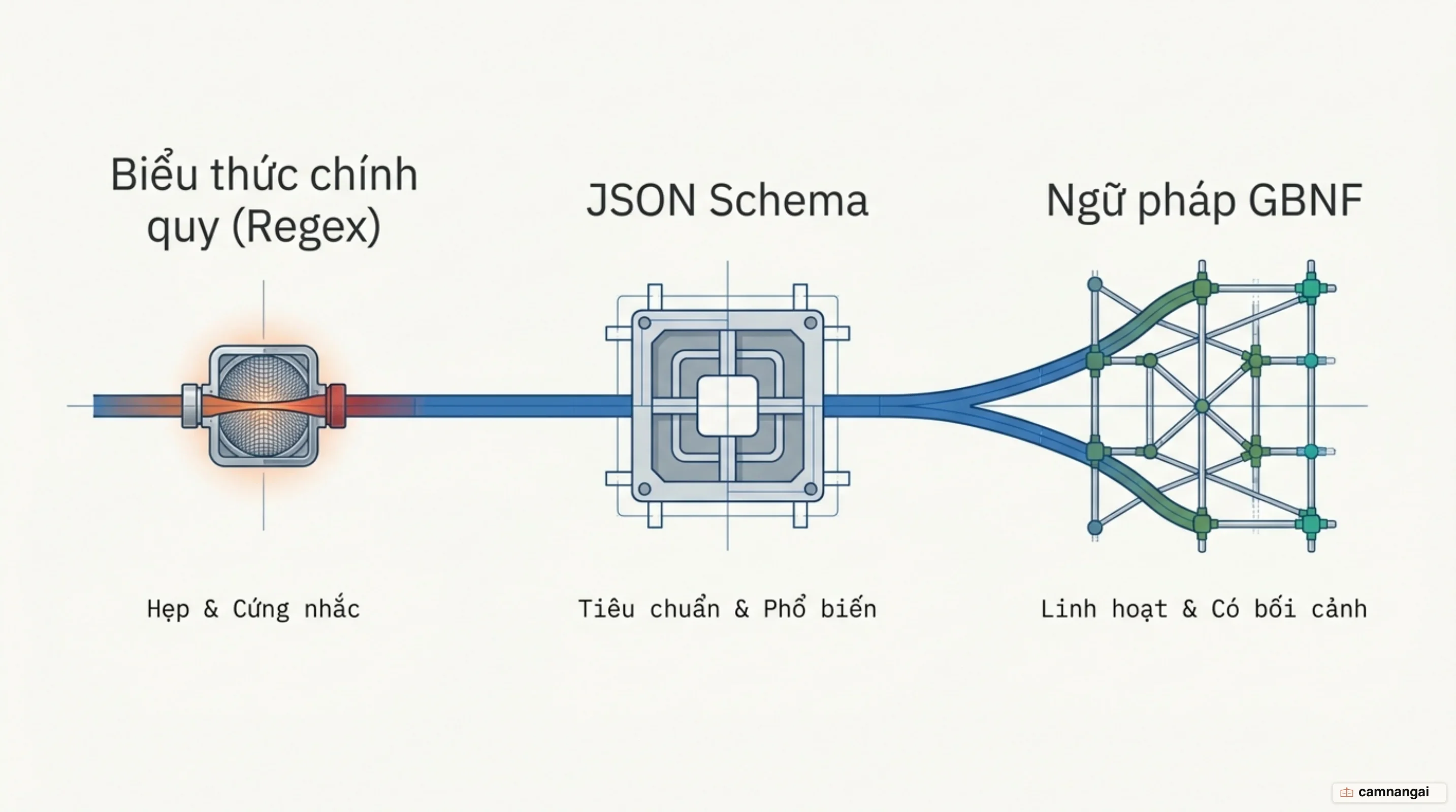 Ba mức ràng buộc đầu ra: biểu thức chính quy, JSON Schema và ngữ pháp GBNF