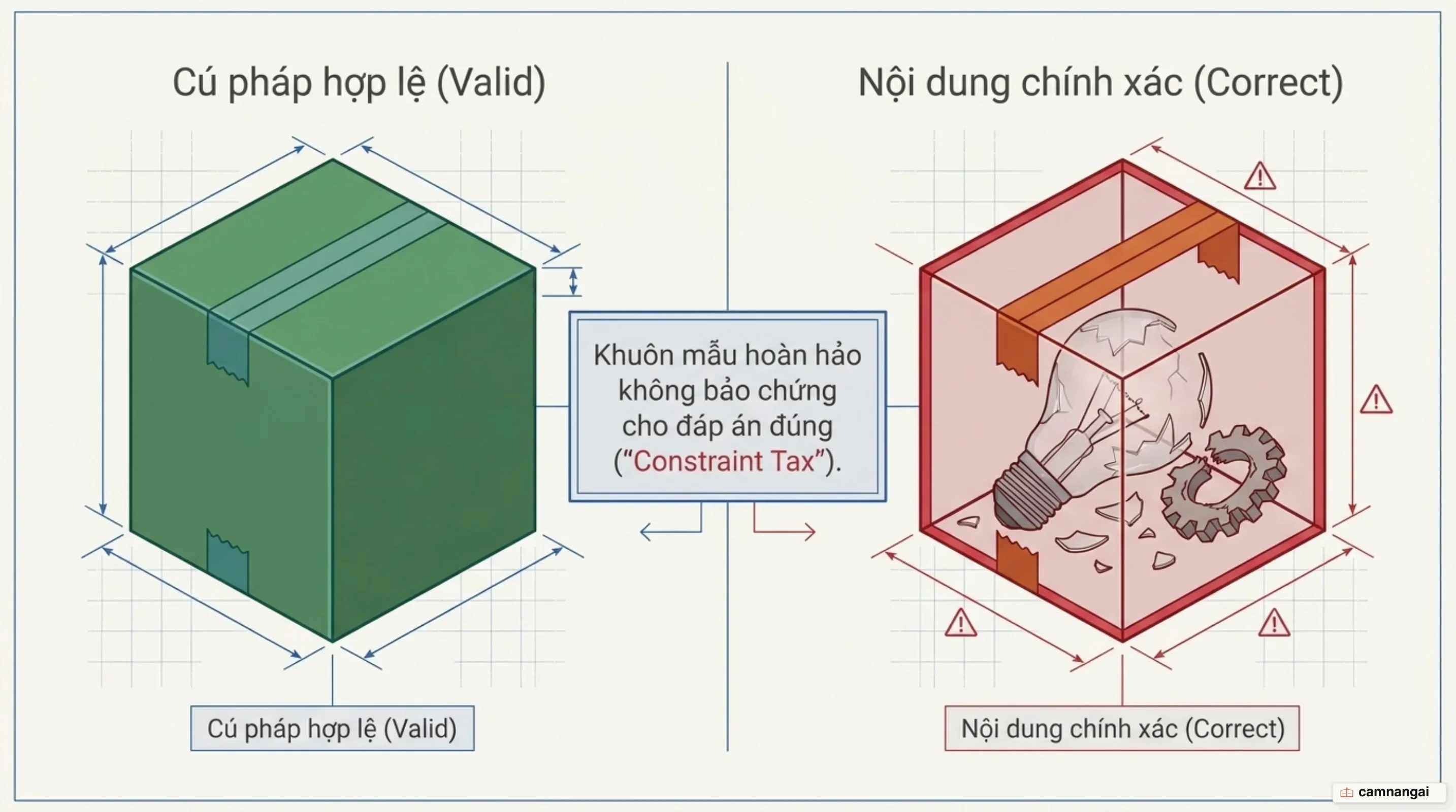 Đối lập giữa JSON đúng cú pháp và nội dung đúng logic: cấu trúc hợp lệ không bảo đảm câu trả lời đúng